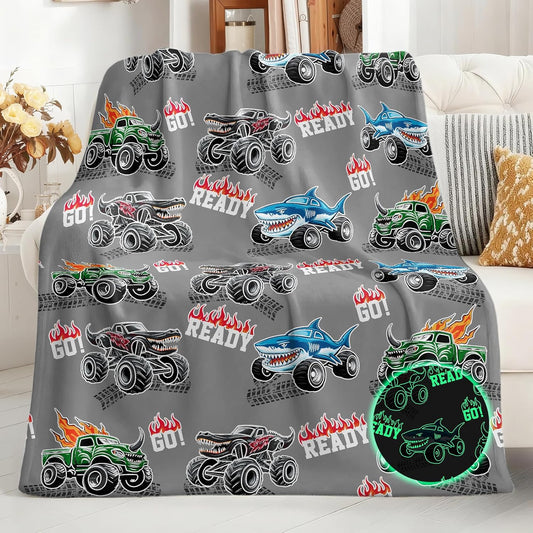 Jekeno Truck Shark Glow in The Dark Blanket Gifts for Kids Boys Girls Teens Birthday Christmas Halloween Excavator Construction Tractor Car Throw Age 1-16 Years Old Toddlers Room Decor Grey 50"x60"