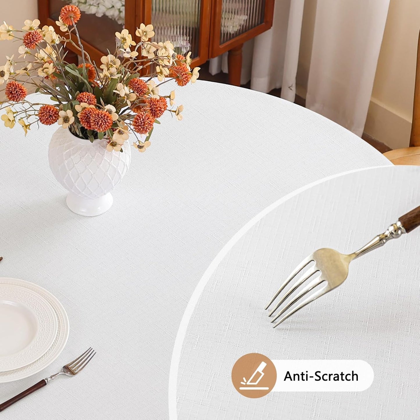 Fabric 60 Inch White Round Table Cloth, Faux Linen Textured Water Resistant & Wipeable Circle Tablecloth, Reusable for Dinning Kitchen Wedding