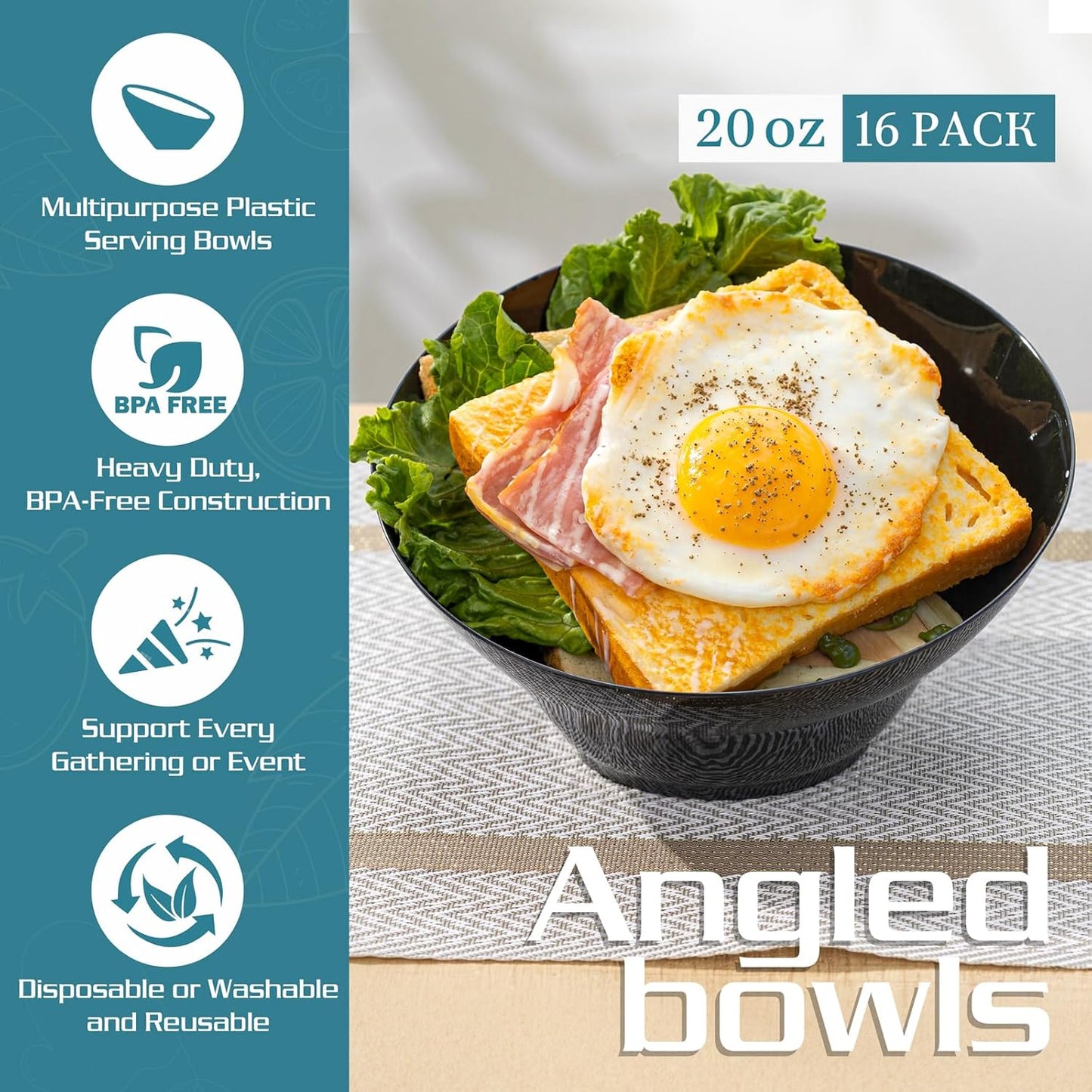 Liacere 16 Pack Black Plastic Bowls - Black Serving Bowls - 20 OZ Angled Bowl Disposable for Chip,Candy,Salad and Fruit - Ideal for Wedding & Party & New Year