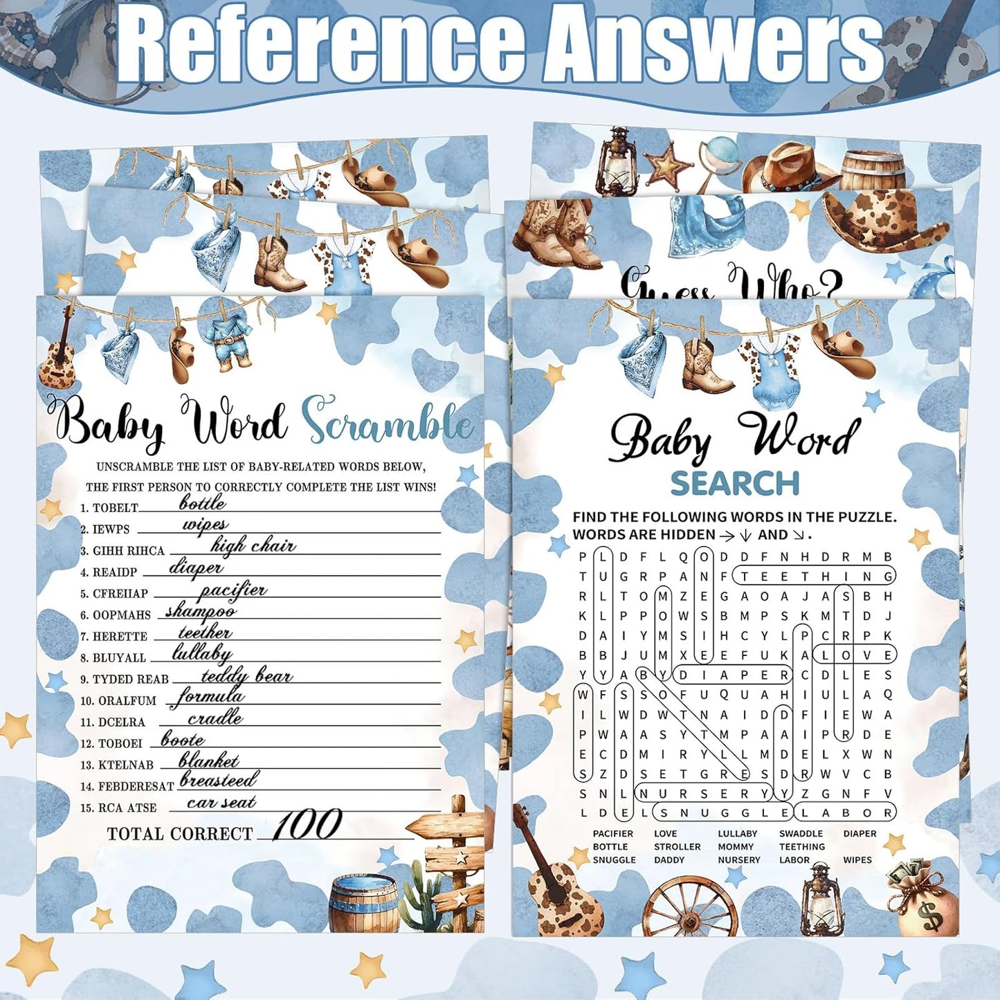 426 Pcs Cowboy Baby Shower Games Set-8 Games, Includes Baby Shower Bingo, Price is Right, Guess Who, Word Scramble, Prediction and Advice, How Big is Mommy's Belly, Don't Say The Words