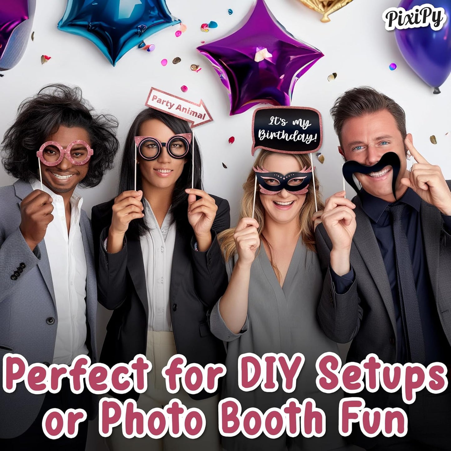 Premium Birthday Photo Booth Props Kit - 30 pc, Pink Glitter - Happy Birthday Party Fun Photobooth Selfie Accessories - for Adults & Kids - Funny Photoshoot w/Friends - by PixiPy