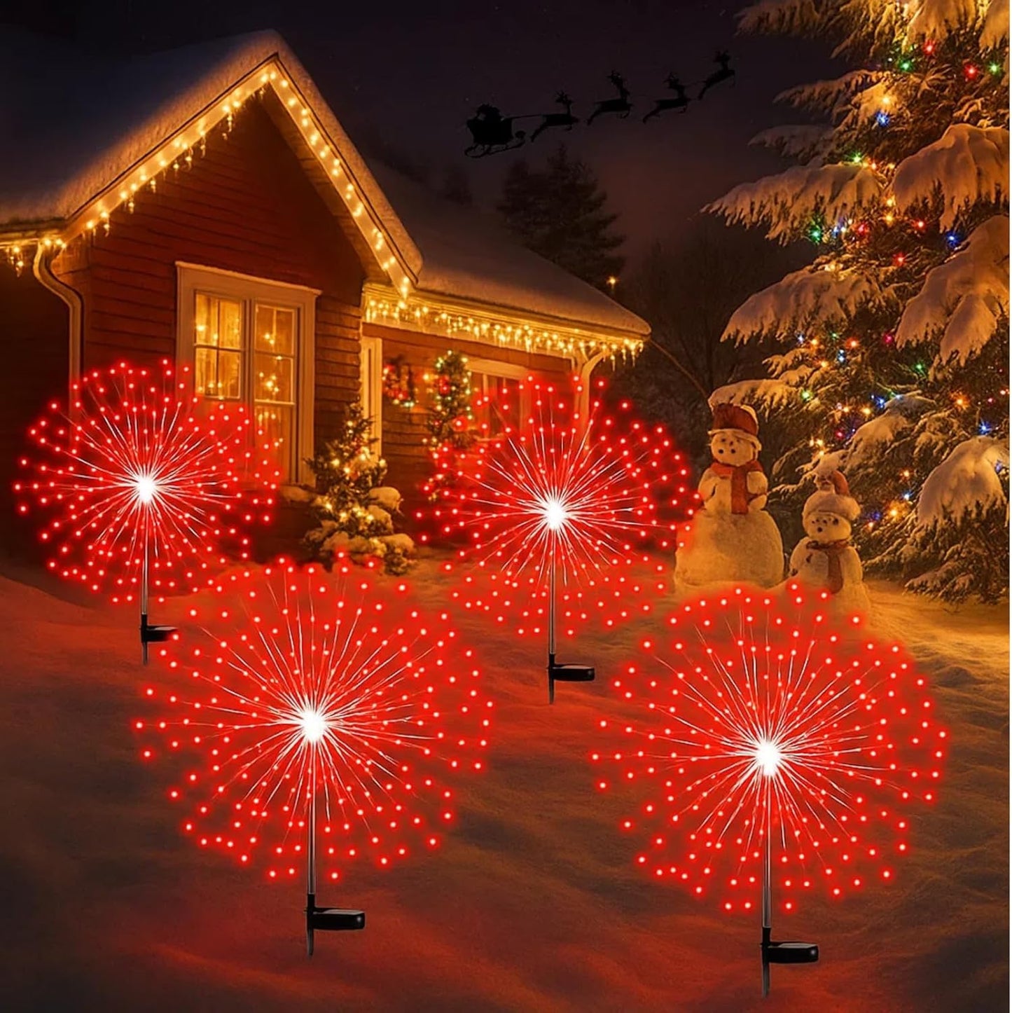 4 Pack Christmas Solar Firework Lights Decorations Garden Pathway Solar Power Light Stake Waterproof Landscape Lamp with 180 LED 8 Modes for Christmas Party Decoration(Red)