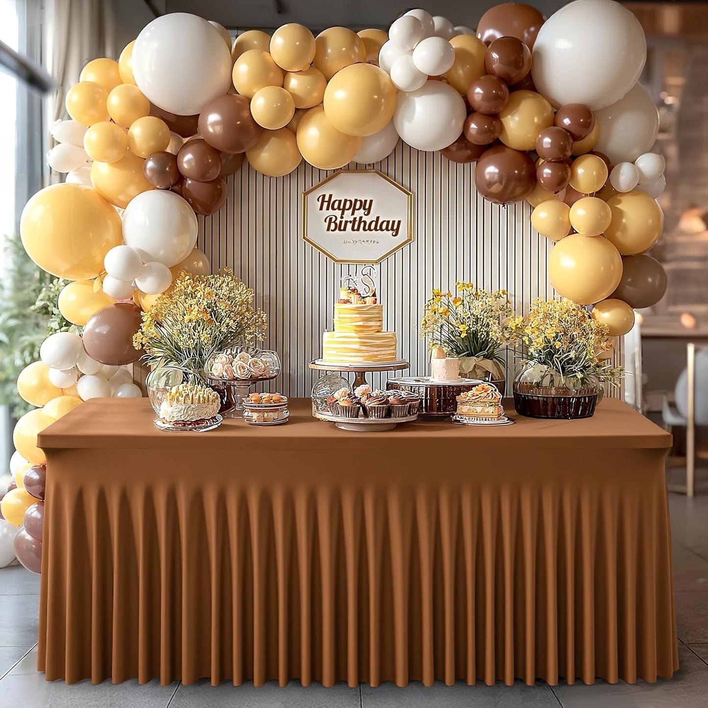 2 Packs Brown Table Clothes for 4 Foot Rectangle Tables, One-Piece Wrinkle Resistant Stretch Spandex Table Covers with Skirt for Event Banquet Wedding Birthday Party