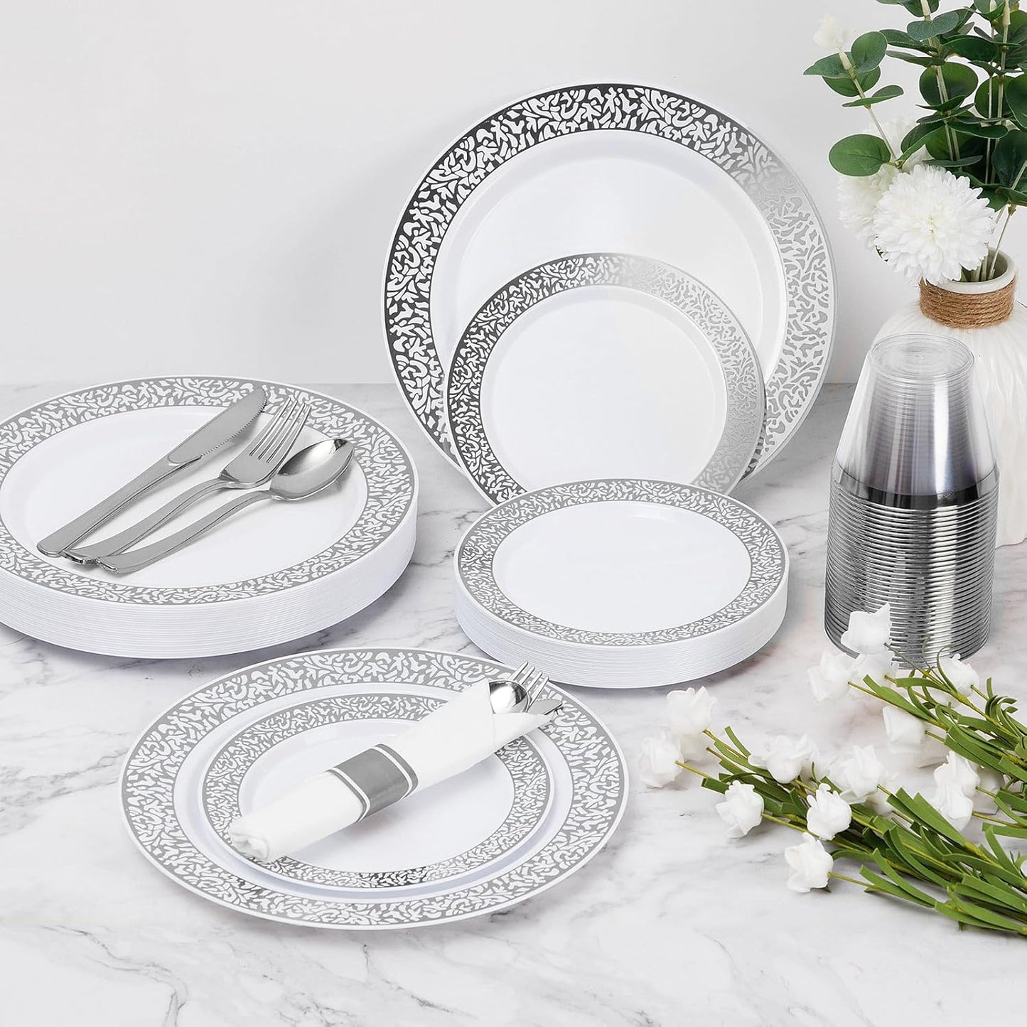 Goodluck 350pc Silver Plastic Dinnerware Set for 50 Guests - Disposable Lace Plates, Napkins, Silverware & Cups
