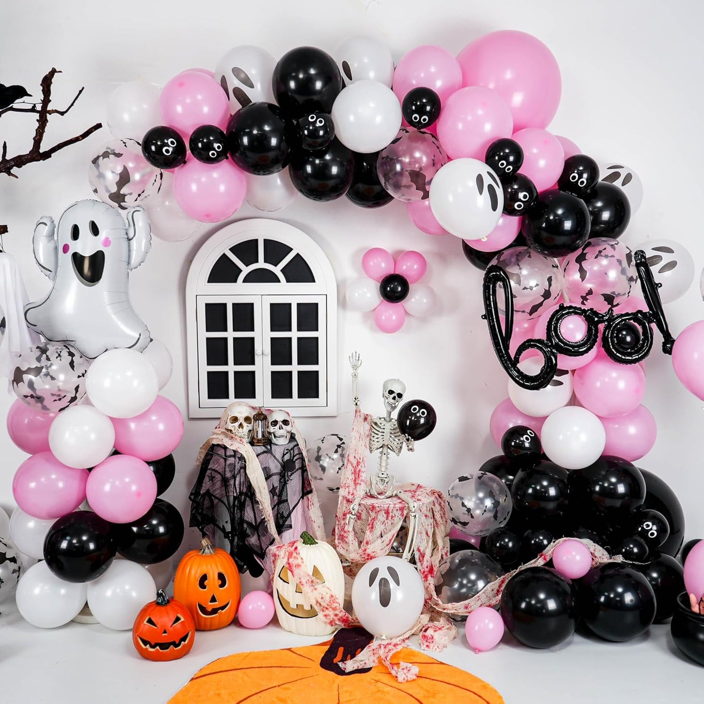 Halloween Balloon Arch Kit, Black Pink Balloons Garland Arch Kit with Large Ghost and BOO Foil Balloon, Eyes Bat Ghost Printed White Balloons For Halloween Decorations Home Garden Party Supplies