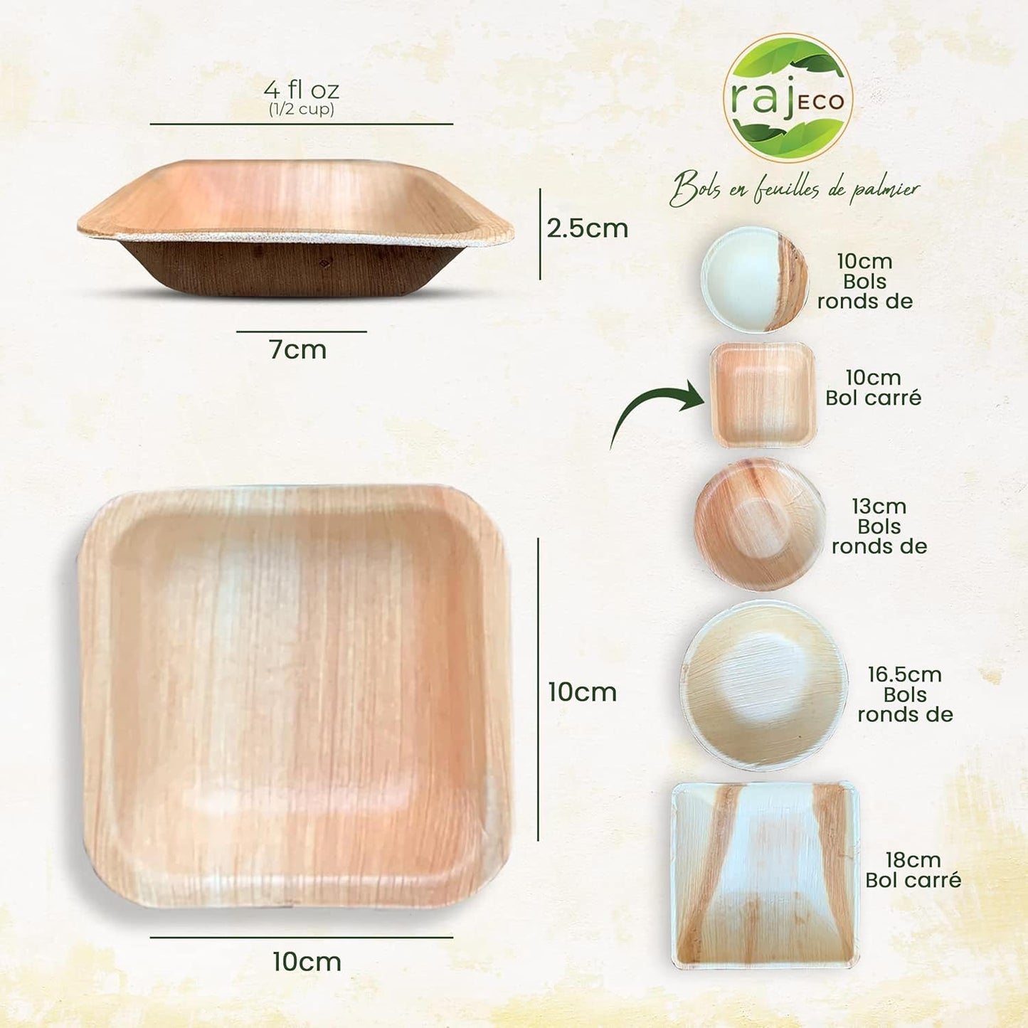 Raj Disposable Palm Leaf Bowls (50 Count, 4" Square Bowls) Strong Bowl Like Bamboo Party Bowl - Decorative Compostable Tableware for Lunch, Dinner, Birthday, Outdoor, BBQ, Picnic.