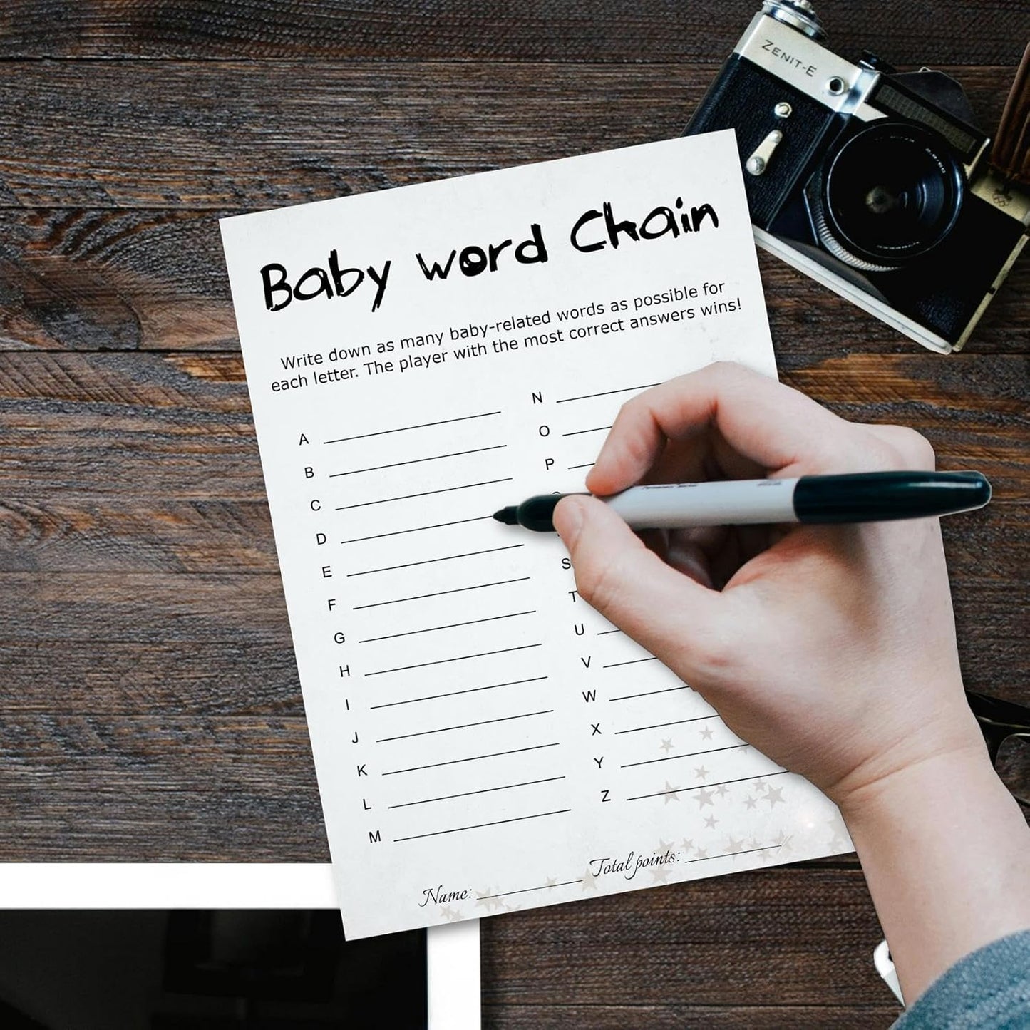 Baby Shower Word Chain Trivia Game Cards - 30 Player Minimalist with Answer Keys, Light Gray Star Design, Instant Fun (Word Chain)