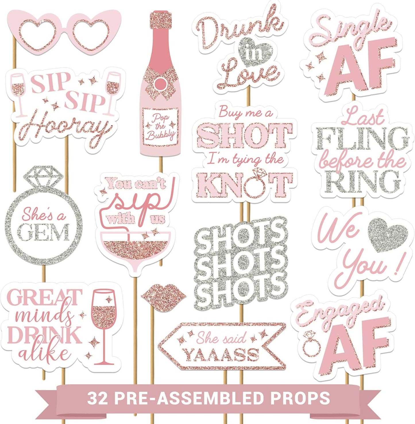 Fully Assembled Bachelorette Photo Booth Props - Set of 32 - Rose Gold, Pink, & Silver Signs, Wedding Bridal Shower Bachelorette Party Supplies & Decorations with Real Glitter - Did We Mention No DIY