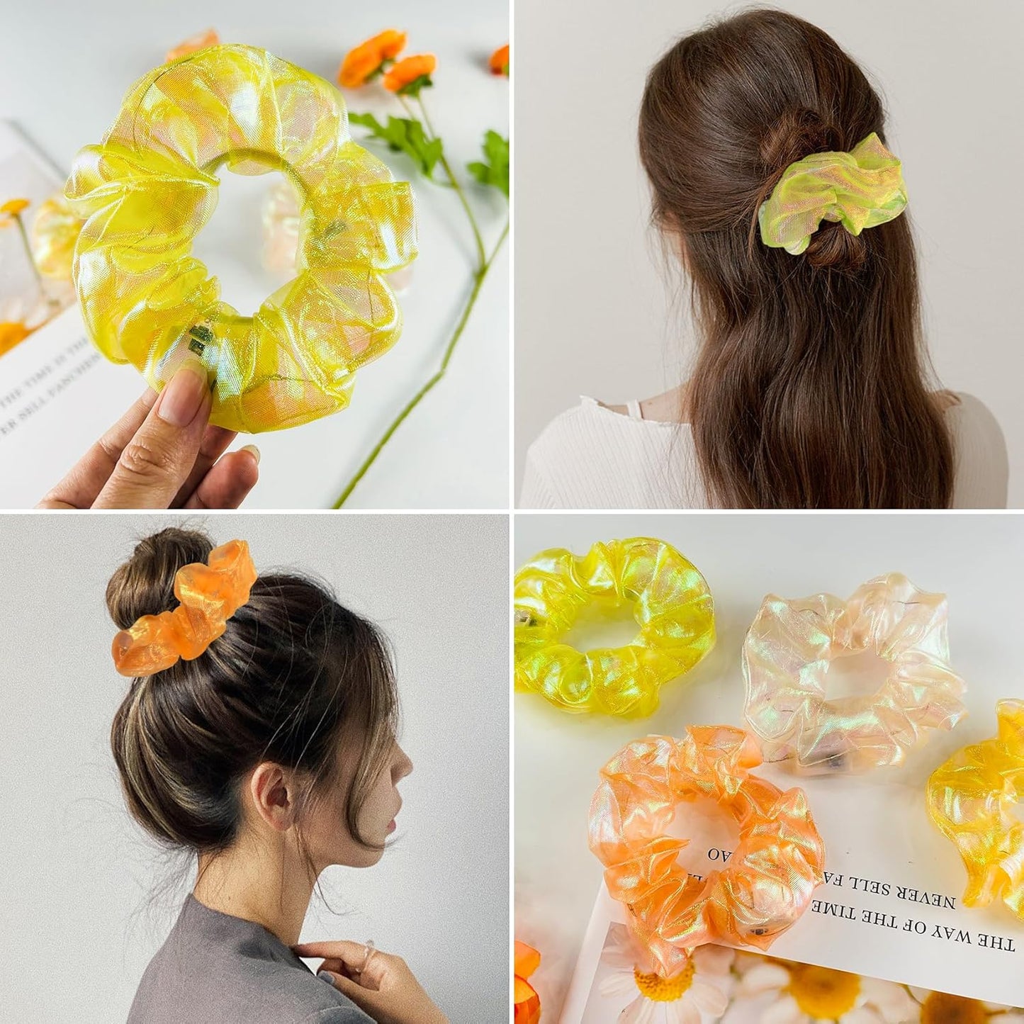 4Pcs Light Up Scrunchies for Women Girl, Multi Light Modes LED Scrunchy, Hair Tie, Glow in The Dark Hair Accessories, Orange Set for Rave Party, Christmas Festival, Neon Glow Party