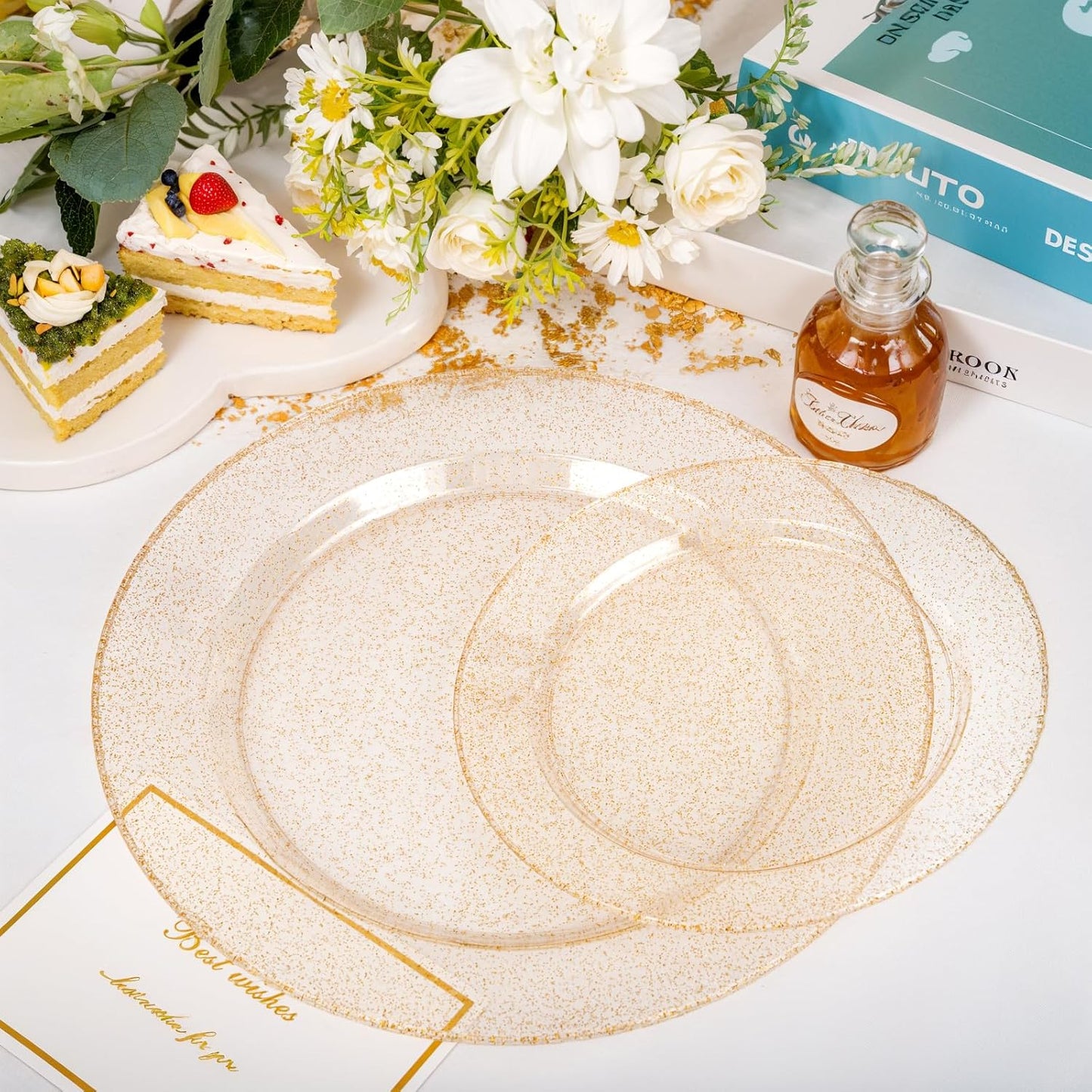 200 Pcs Gold Glitter Plastic Plates - Disposable Party Plates, Gold Glitter Disposable Plate Include 100 Dinner Plate and 100 Dessert Plate, Plastic Plate for Party, Holiday, Wedding & Birthday