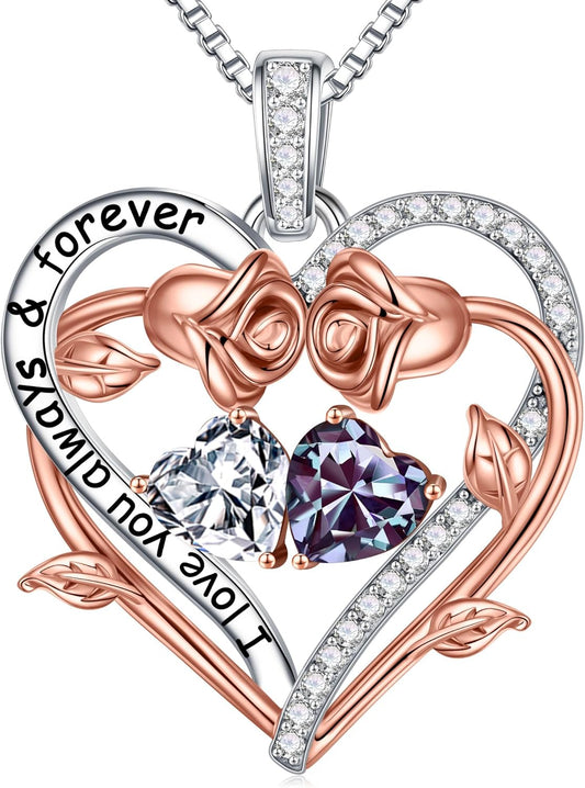 Iefil Rose Heart Double Birthstone Necklace Gifts for Wife Her Mom Women, Birthstone Jewelry Gemstone Birthday Gifts for Girlfriend Grandma Her Wife Women