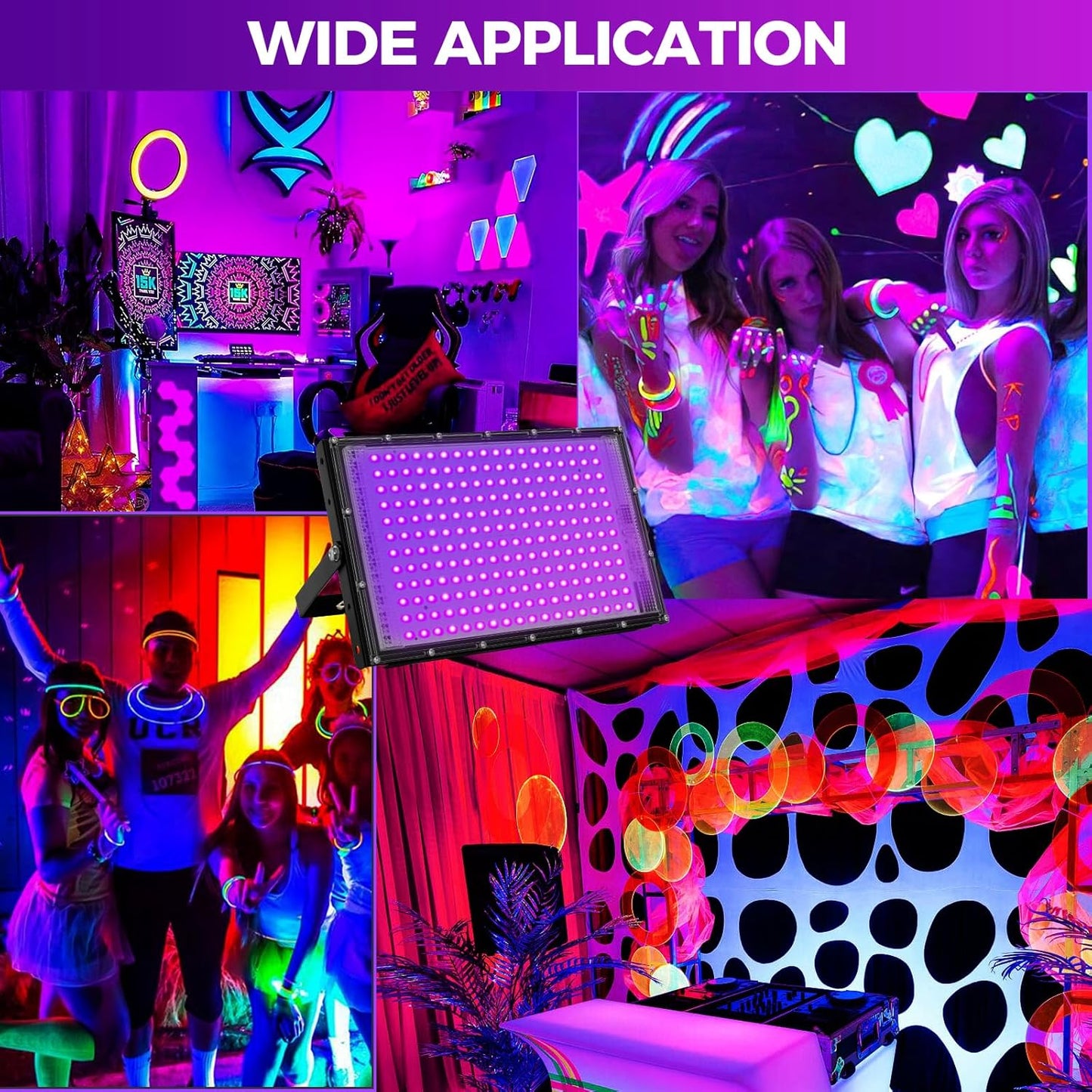 200W LED Black Lights for Glow Party - Waygor IP65 Waterproof UV Blacklight Floodlight 395nm Black Light Spotlight Purple Black light Flood Light Fluorescent UV Light Lamp for Halloween Decor (4 Pack)