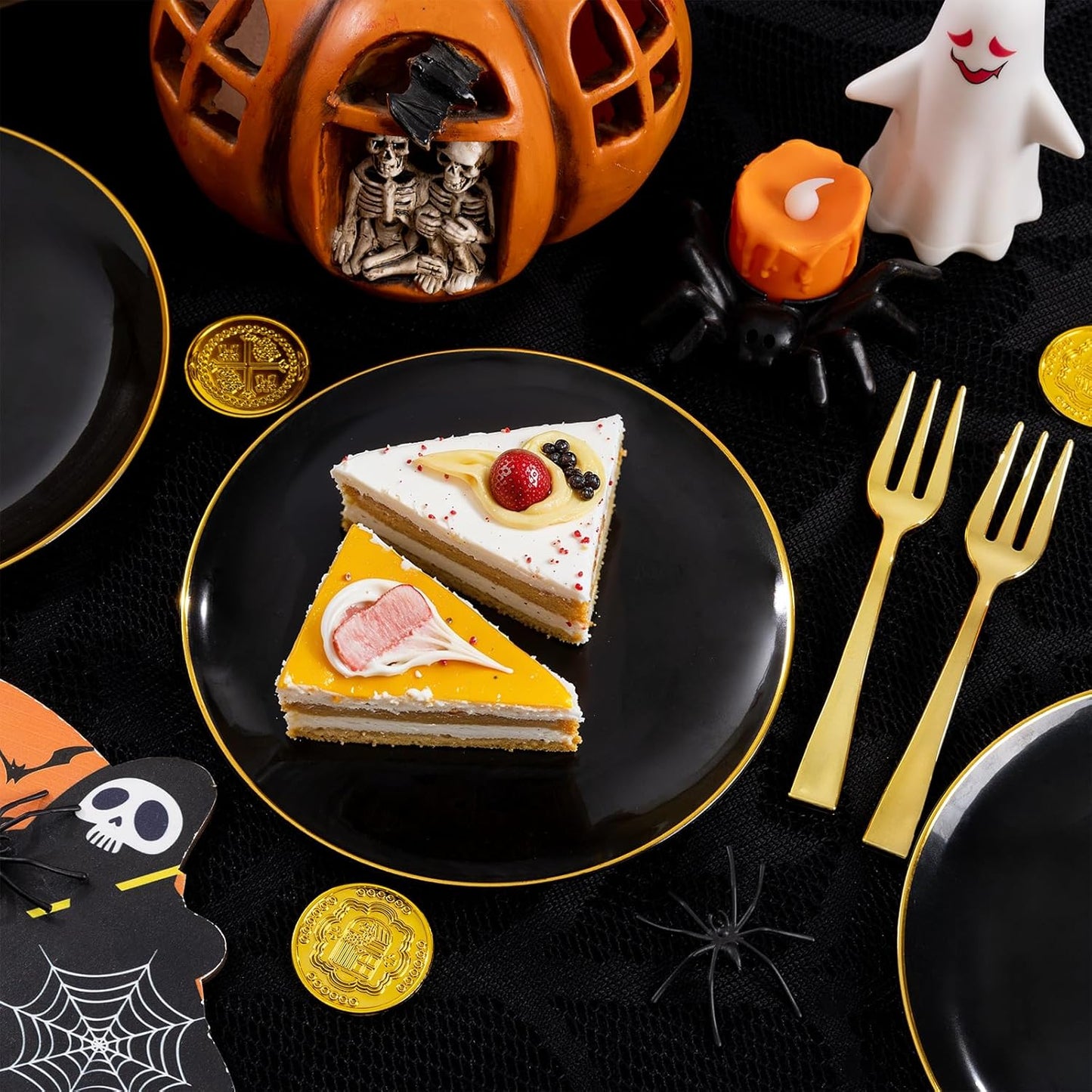 Festiva 400Pcs Black Gold Dessert Plates 6.3" with Forks 5"- 200PCS Small Disposable Dessert/Cake/Appetizer Plates and 200PCS Forks - Serve 200 Guests for Halloween Party&New Year