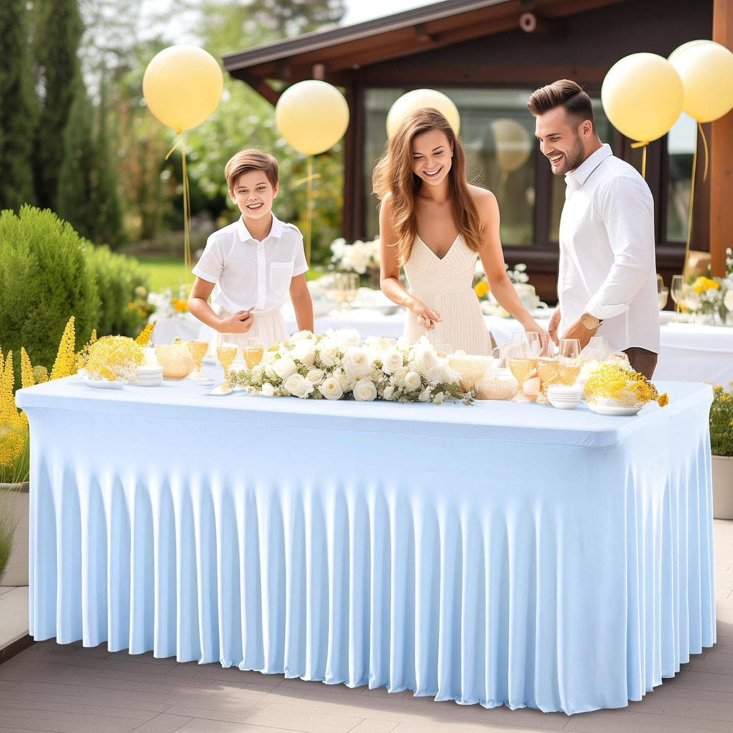 PARTISKY Blue Spandex Tablecloth for 6ft Rectangle Tables, Stretchable Table Cover Skirt for Folding Tables Weddings Parties Banquets Events Trade Shows and Dessert Table