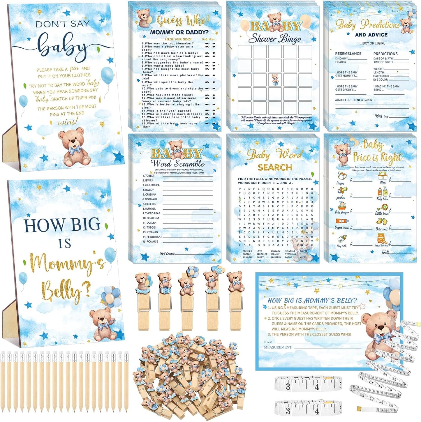 426 Pcs Bear Baby Shower Games Set-8 Games, Includes Baby Shower Bingo, Price is Right, Guess Who, Word Scramble, Prediction and Advice, How Big is Mommy's Belly, Don't Say The Words