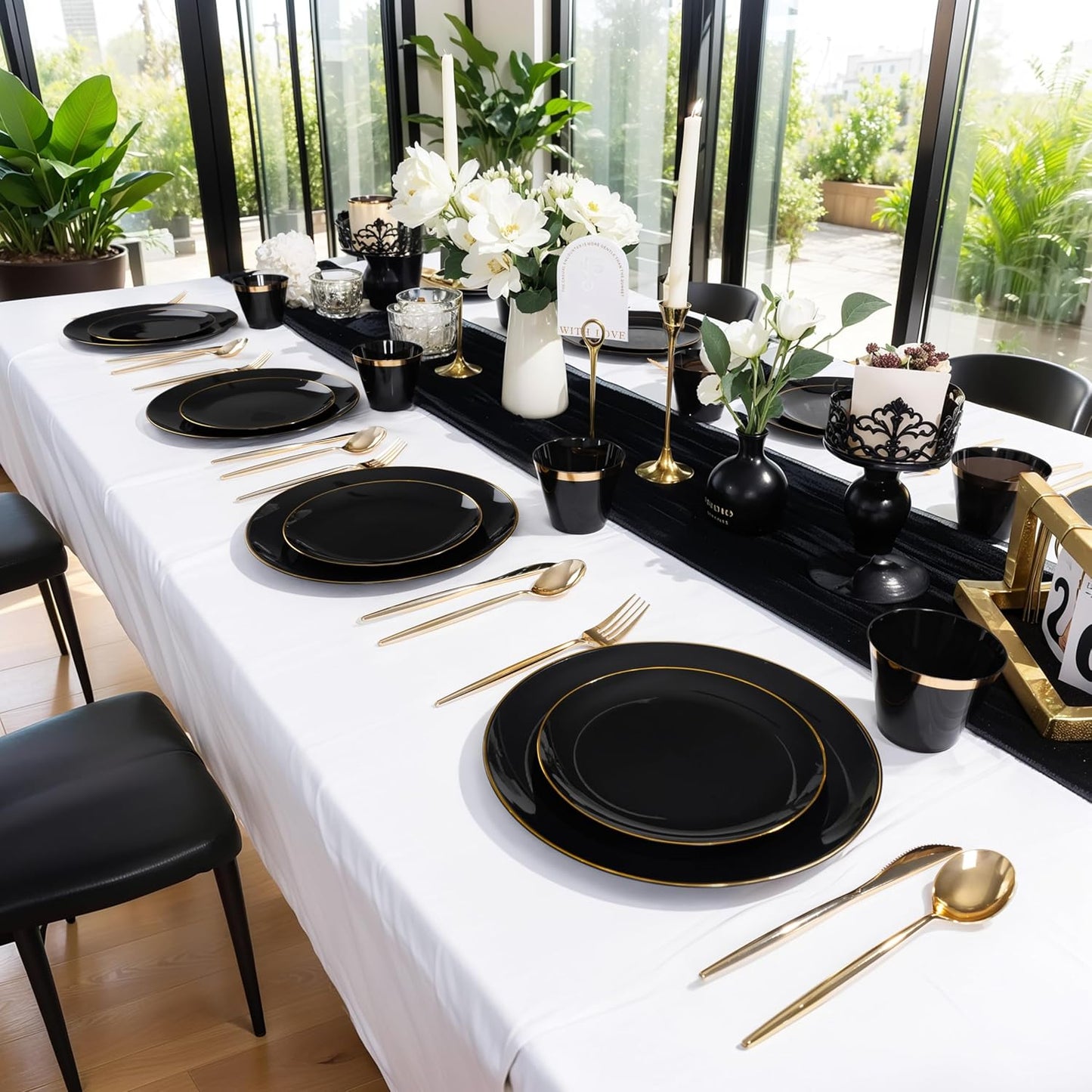 MirthMood 210Pcs Black and Gold Disposable Plates,Black Plates, Black and Gold Plates Include 30 Dinner,Dessert Plate,30 Cup&30 Napkins, 90 Gold Silverware for Wedding & Party & Birthday & Halloween