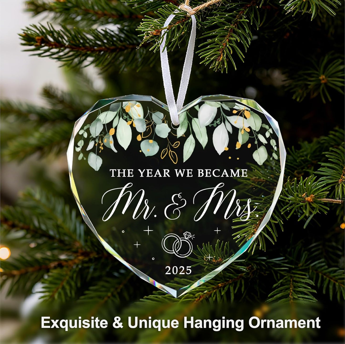 Wedding Gifts for Couples 2025 - Mr and Mrs Gift, Bridal Shower Gifts, Wedding Ideas for Newlywed Couple, Just Married Ornament 2025, Crystal Glass First Christmas Married Ornament