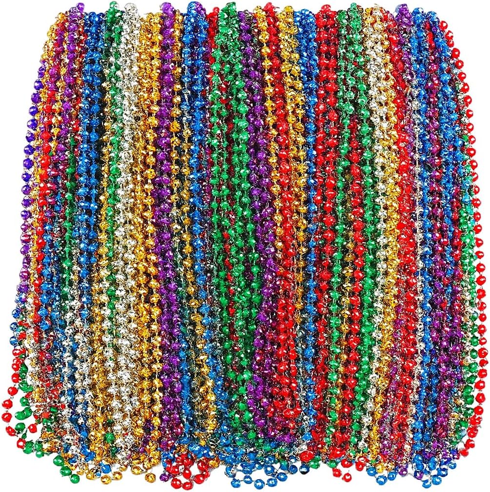 Oojami Mardi Gras Beads Necklaces - 33" Assorted Colors Beaded Necklaces for Mardi Gras, Carnival, Pirate Parties, Masquerade and Christmas, Bulk Parade Throws and Party Favors for Men and Women