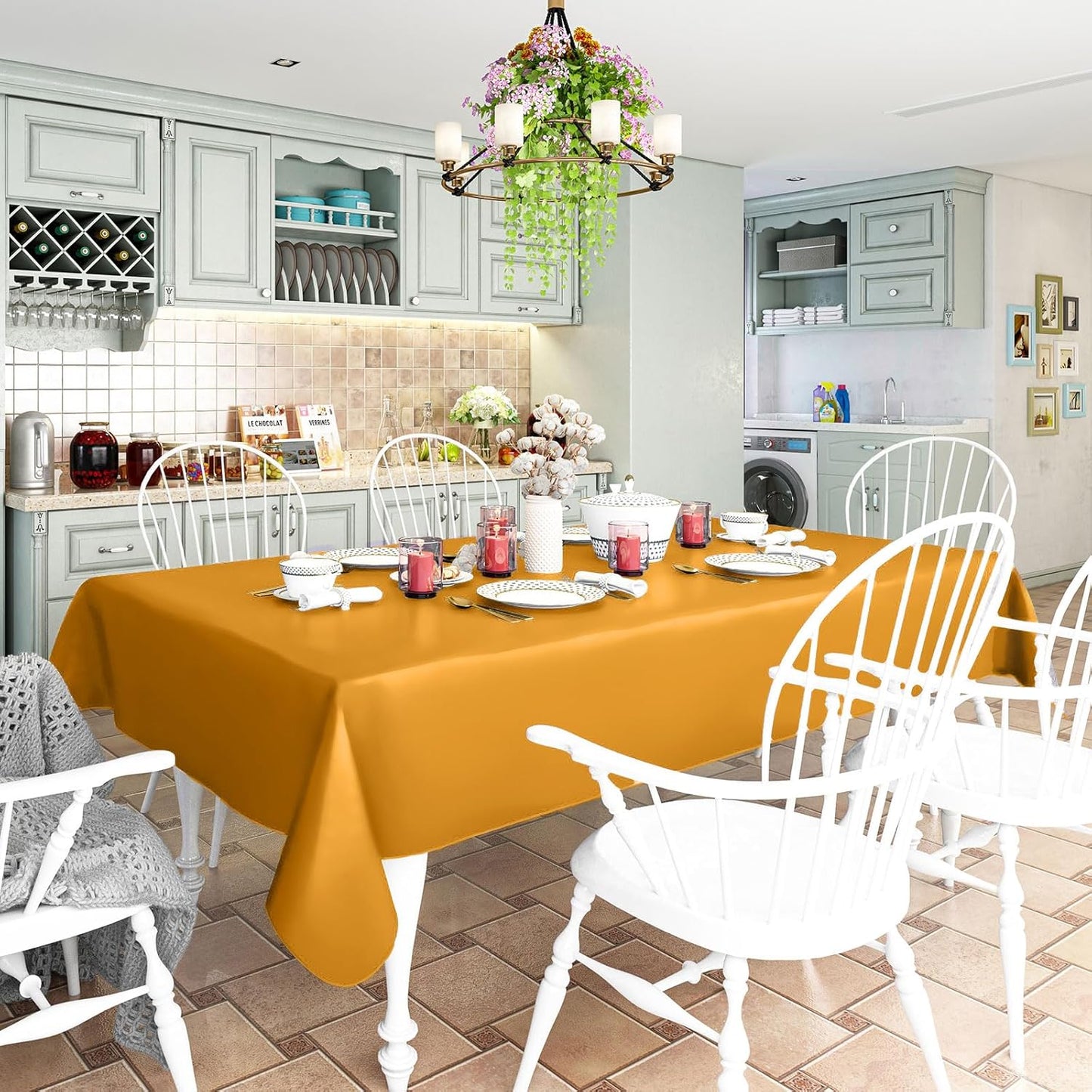 homing Square Vinyl Tablecloth, Waterproof Spillproof Plastic Flannel Backed Table Cloth, Wipe Clean Table Cover for Dining, Buffet Parties and Camping (Mustard Yellow, 54" x 54")