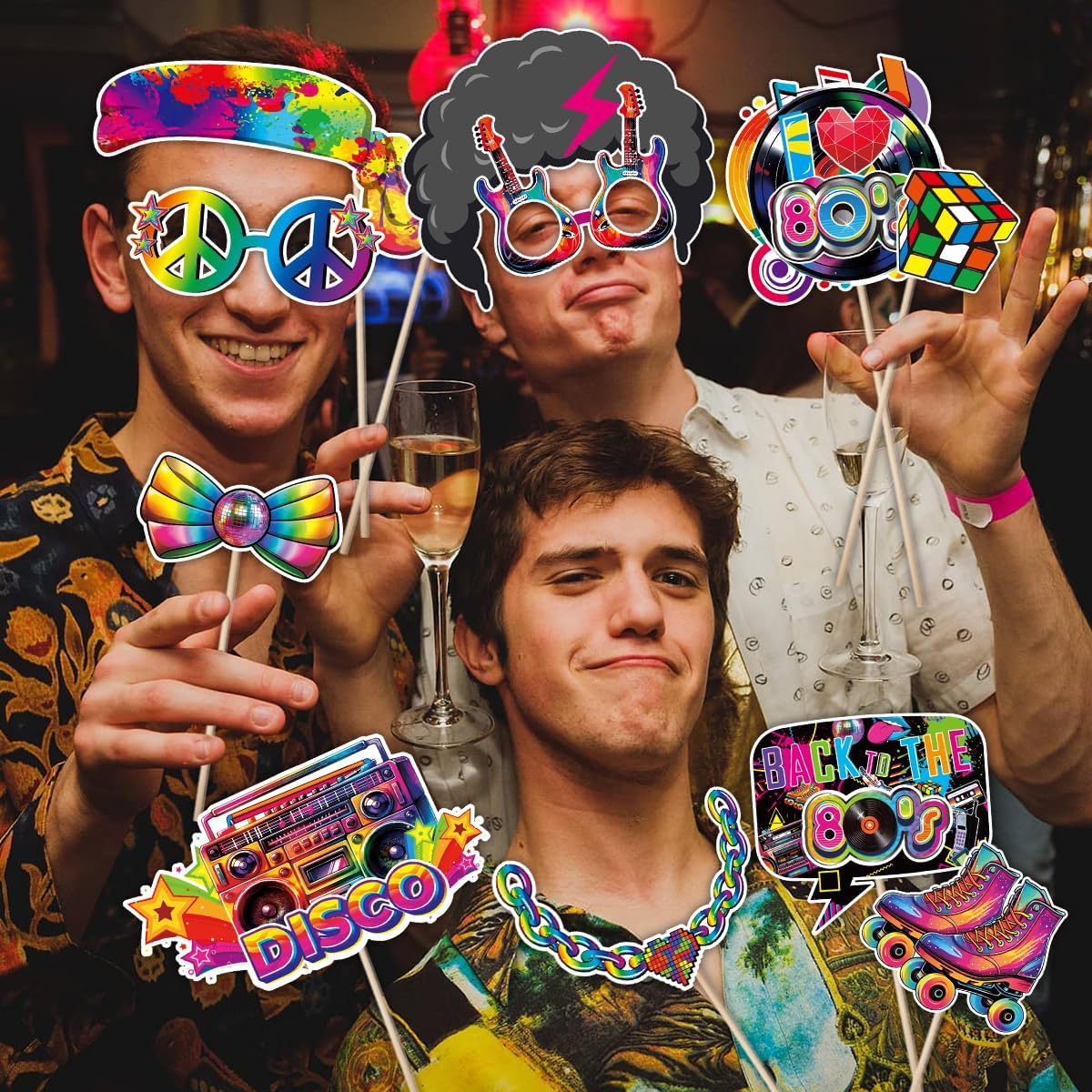 80s Photo Booth Props, Tumwisk 30PCS 80s Party Decorations, Back to 1980s Birthday Photo Booth Props，Funny Selfie Props for Hippie Rock and Hip Hop Retro Theme Party Supplies Favors