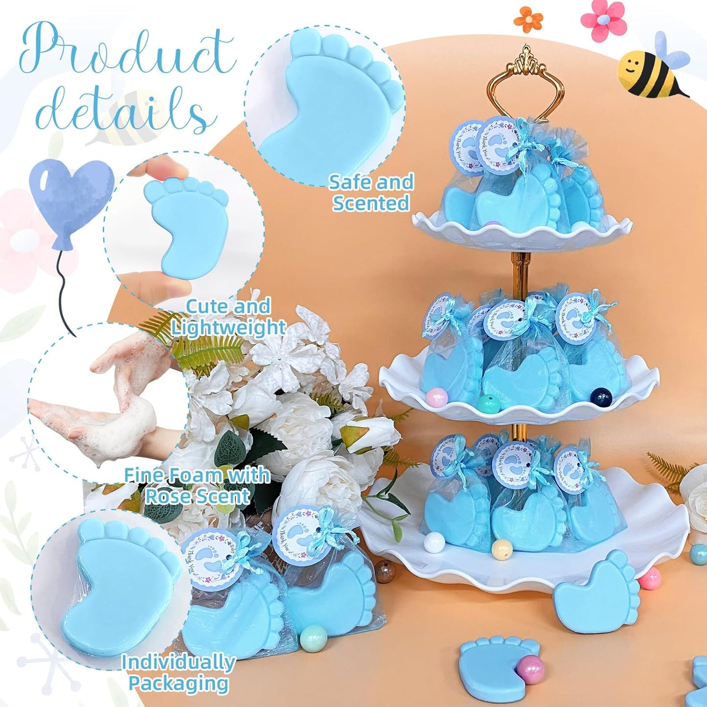 30 Sets Baby Shower Favors Refreshing Feet Soap Perfect for Guests Gifts with Organza Bags Thanks Cards Birthday Party Decoration Game Prizes（blue）