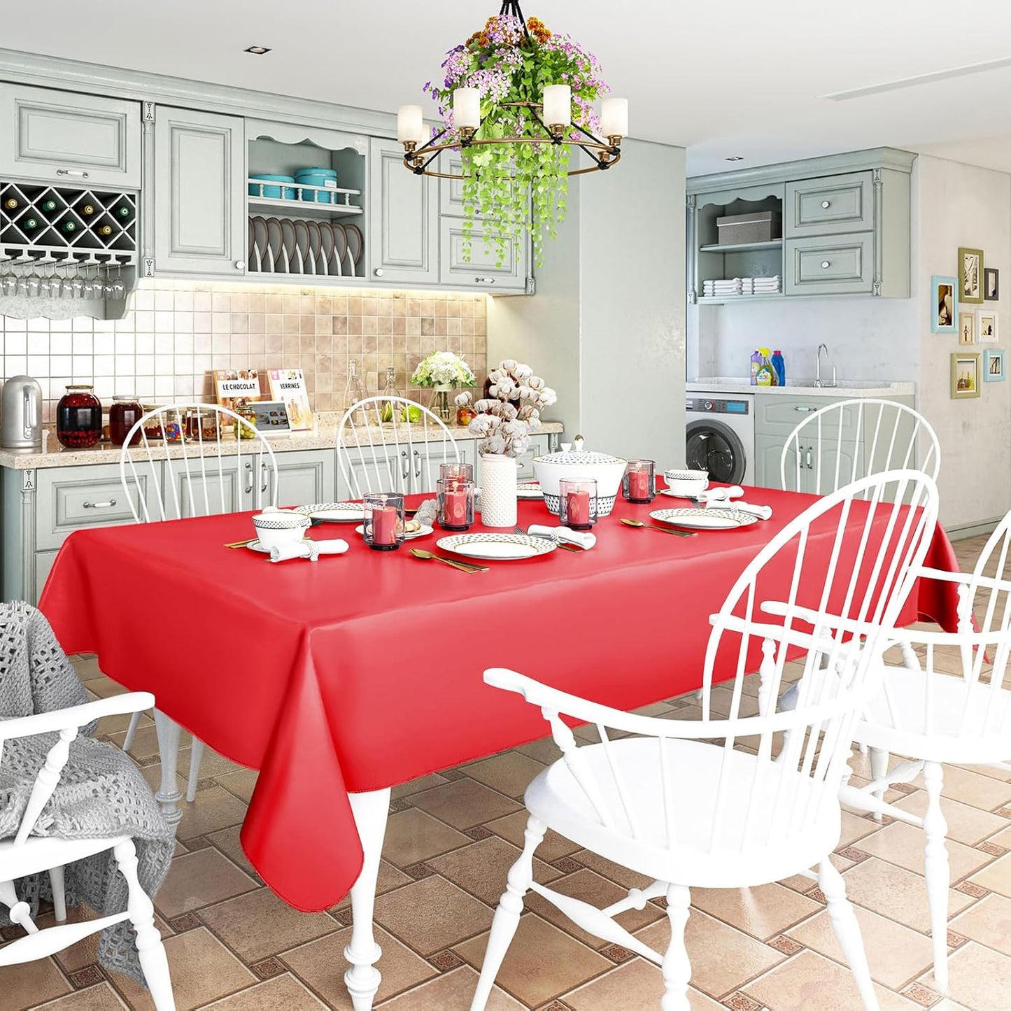 homing 2 Pack Rectangle Vinyl Tablecloth, Waterproof Spillproof Plastic Flannel Backed Table Cloth, Wipe Clean Table Cover for Dining, Christmas, Parties and Holiday (Red, 60" x 102")