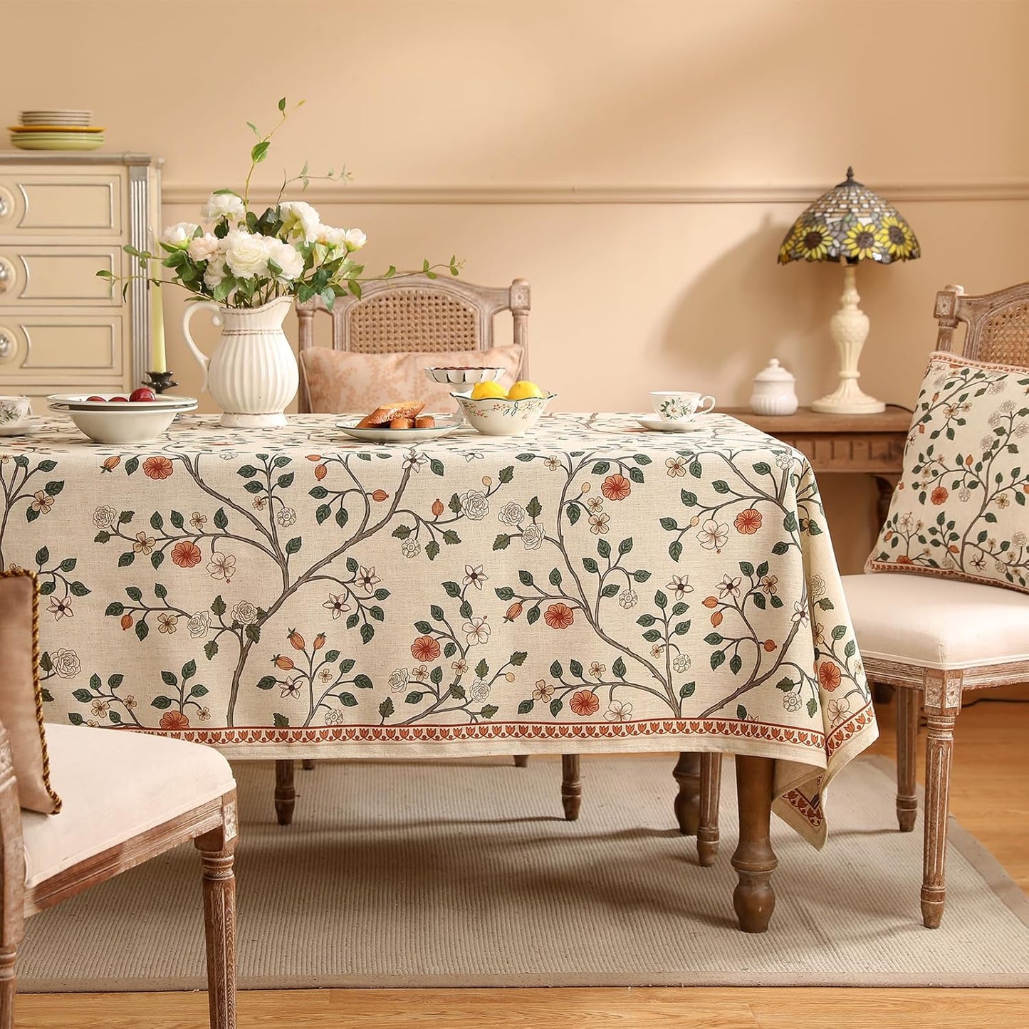 ISAENNE Designer Floral Table Cloth Rectangle,French Linen Light Beige Indoor Tablecloth,Fall Wrinkle Resistant Decor Tablecloths for Dining Thanksgiving Kitchen Party,55"*87"-Flora A