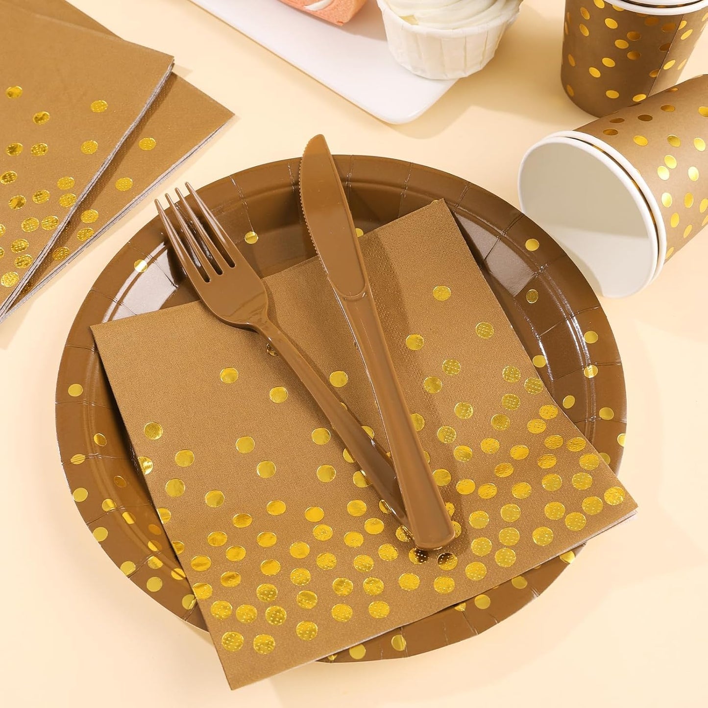 Brown and Gold Party Decorations, Brown Plates and Napkins Party Supplies 175Pcs Terracotta Paper Plates for Mexicanos Birthday Holiday, Serves 25