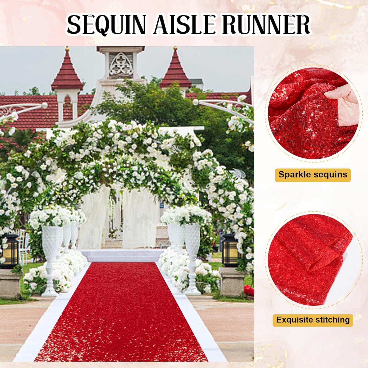 PartyDelight Wedding Aisle Runner for Ceremony Red 4FTx15FT Sequin Carpet Sparkly Rug for Indoor Outdoor Weddings Engagement Decoration