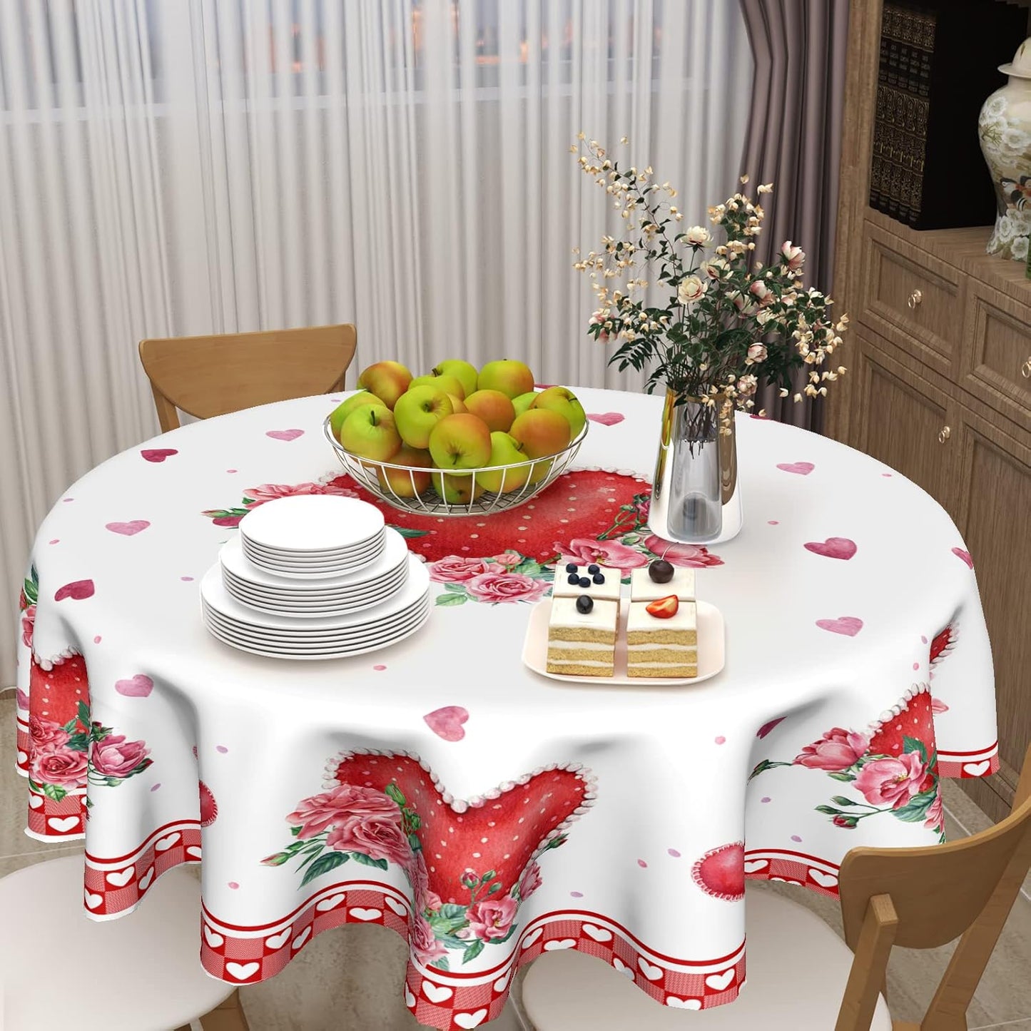 Giwawa Valentines Day Round Tablecloth 60 Inch, Red Pink Hearts Rose Flower Circular Table Cloth with Check Plaid, Love Watercolor Romantic Table Cover for Kitchen Dining Anniversary Decor