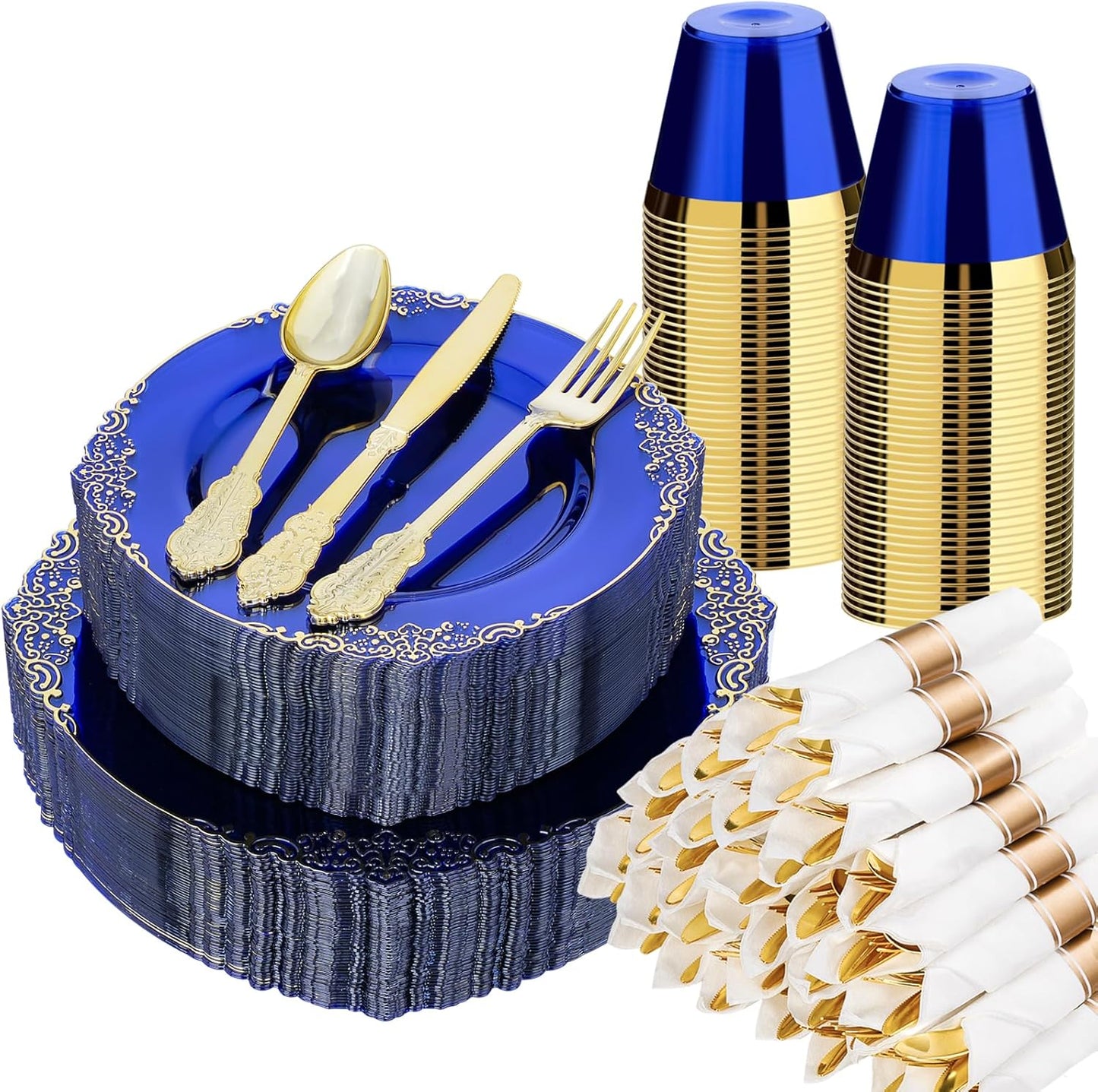 350 PCS Blue and Gold Plastic Plates, Disposable Dinnerware Set for 50 Guests, 100 Disposable Plates, 150 Silverwares, 50 Cups, 50 Napkins for Wedding, Party, Graduation