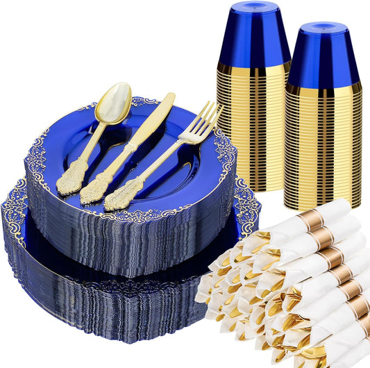 350 PCS Blue and Gold Plastic Plates, Disposable Dinnerware Set for 50 Guests, 100 Disposable Plates, 150 Silverwares, 50 Cups, 50 Napkins for Wedding, Party, Graduation