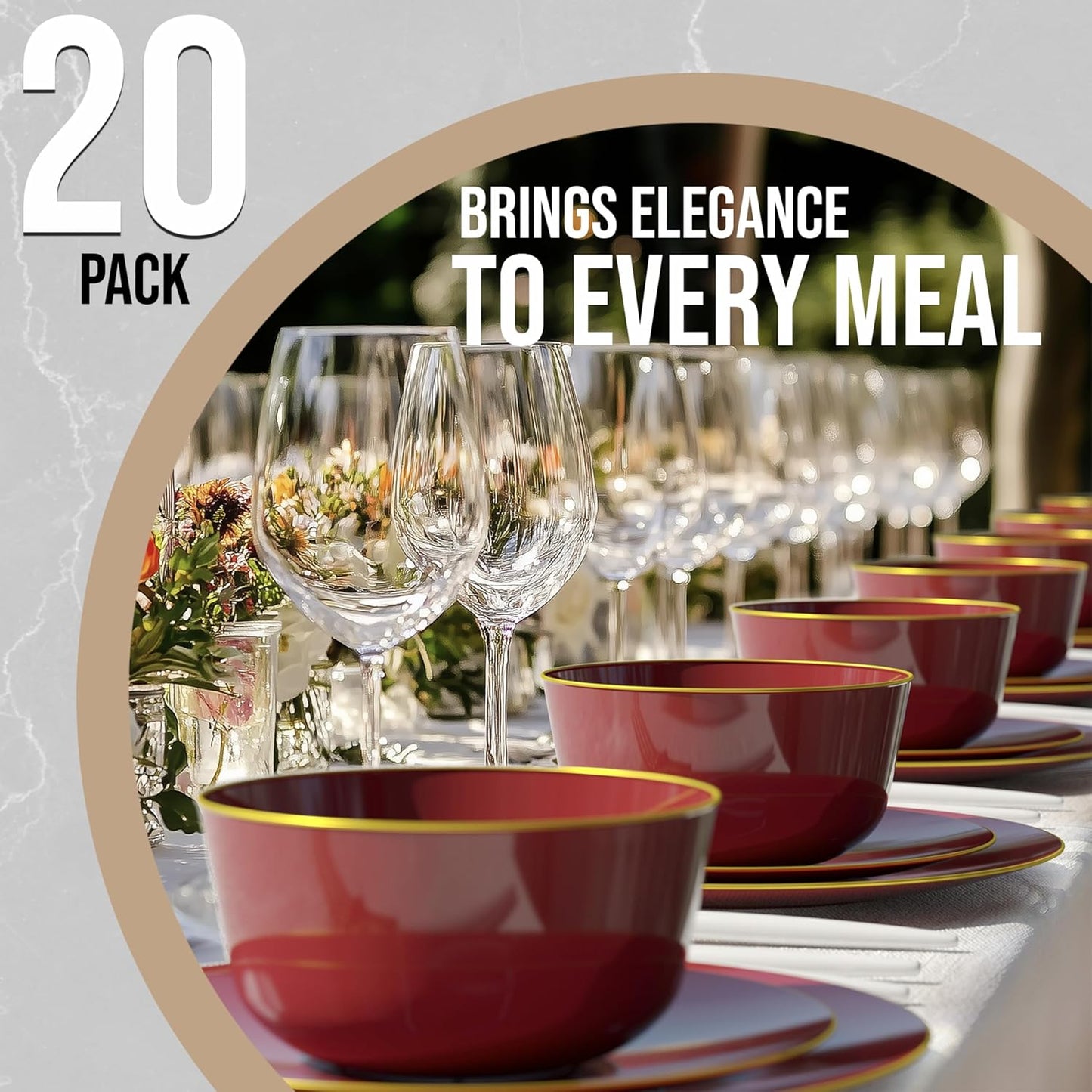 Trendables Burgundy & Gold Rimmed Disposable Bowls - 24 Oz Set of 20 Fancy Plastic Serving Bowls Perfect for Ice Cream, Salad & Candy