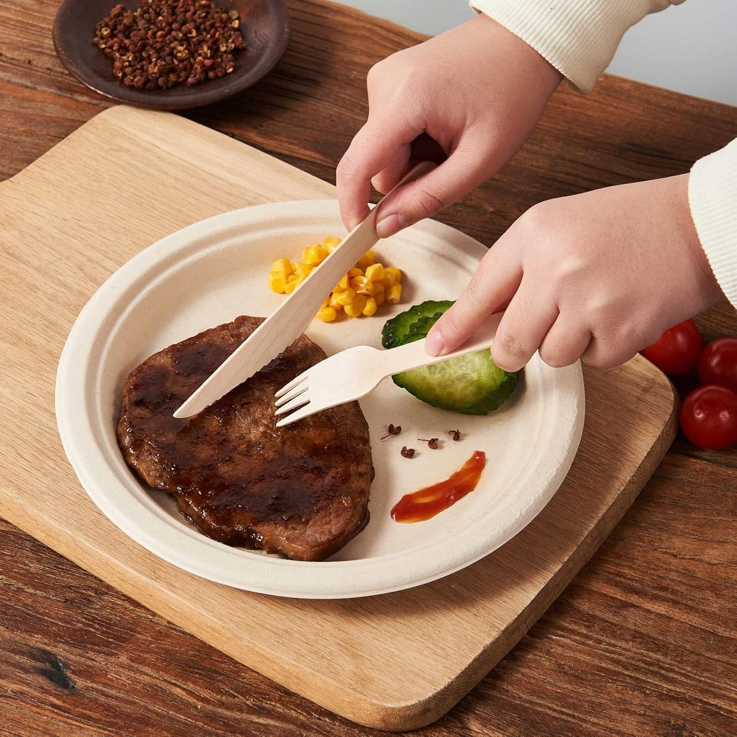 FULING 350Pcs Biodegradable Dinnerware Set - Disposable Dinner Plates, Wooden Cutlery, Napkins - Plant-Based Material, Microwave & Freezer Safe