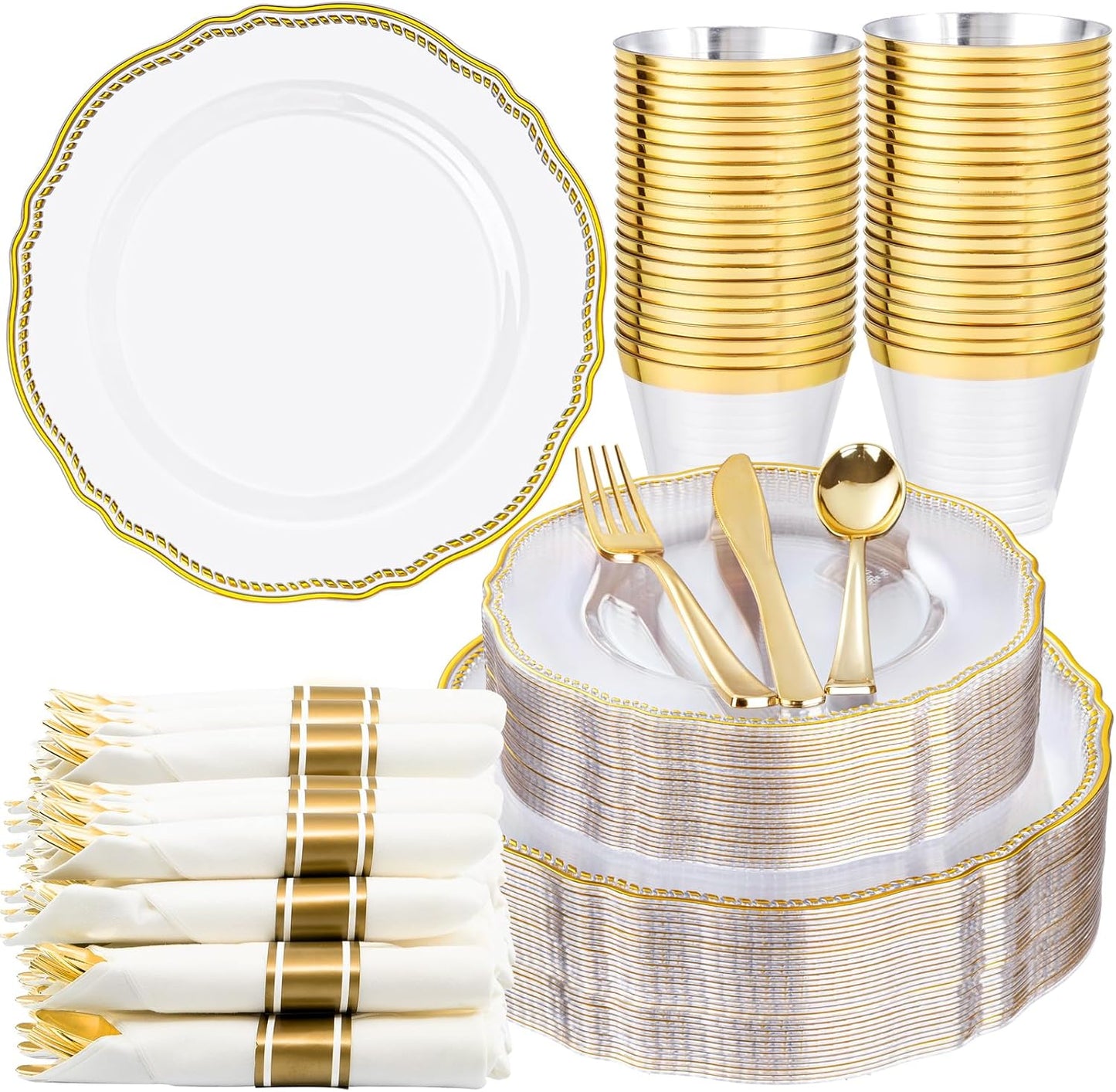 Hioasis 350pcs Clear Gold Plastic Plates - Gold Plastic Dinnerware Set Includes 50 Dinner Plates, 50 Dessert Dinnerware, 50 Cups, 50 Rolled Napkin Cutlery Perfect for Wedding & Party