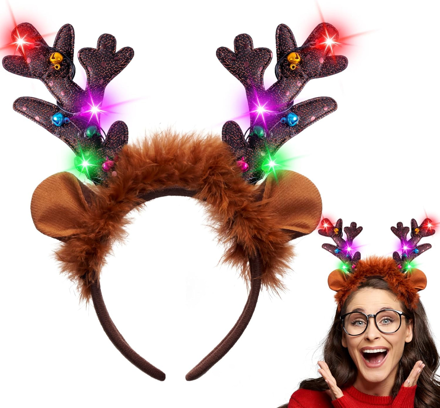 JOYIN Christmas Light Up Headband, Cute Reindeer Headband with LED Bulbs for Adult Kids Party Favor Supplies Xmas Accessories Christmas Holiday