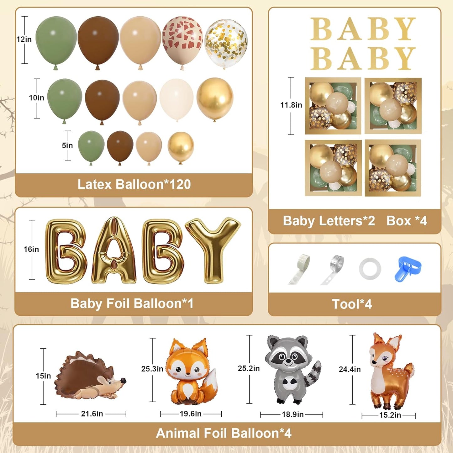 Amandir 137pcs Woodland Animals Baby Shower Decoration Baby Boxes Sage Green Brown Balloon Garland Arch Kit Woodland Themed Animal Foil Balloons for Neutral Forest Jungle Safari Party Supplies