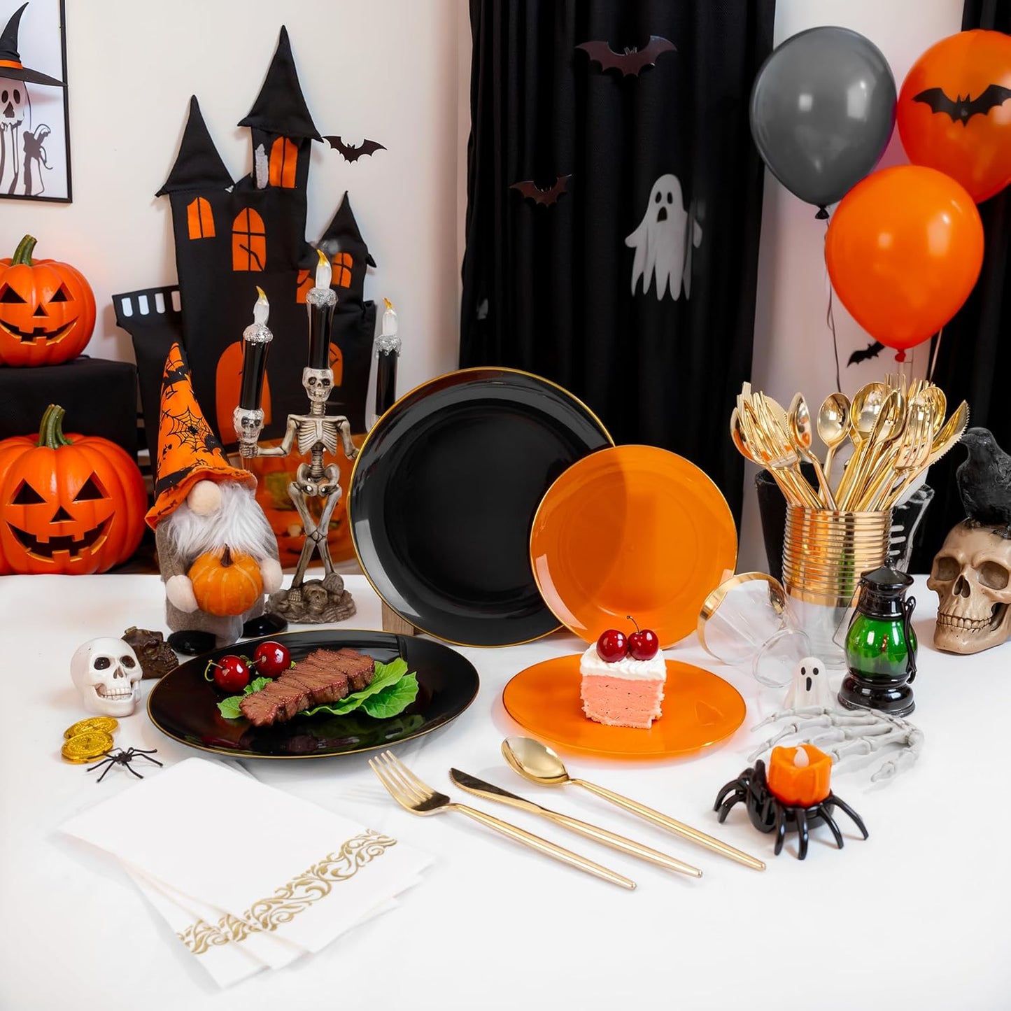 MirthMood 210PCS black and orange Plastic Plates,Black Disposable Plates –Plastic Plates Set Includes 30 Dinner,30 Dessert Plate,30 Cup&30 Napkins, 30 Gold Silverware for Wedding& Parties& Halloween