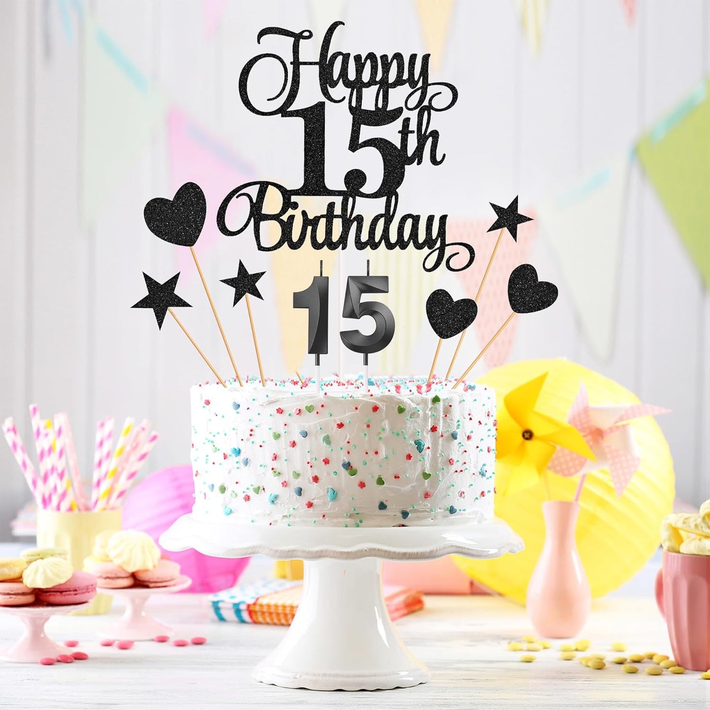 15th Birthday Cake Decorations, 15th Birthday Candles Cake Numeral Candles and Glitter Happy 15th Birthday Cake Toppers Set for Birthday Party Supplies (Black)