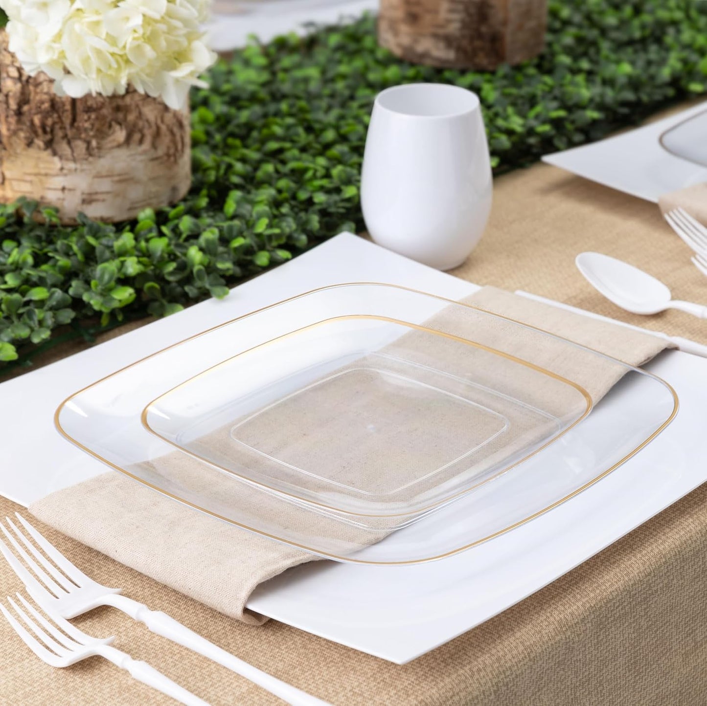 PLASTICPRO Square Clear Plastic Organic Design Party Plates includes 64 7.25'' & 64 10'' Premium heavyweight Elegant Disposable Tableware Dishes