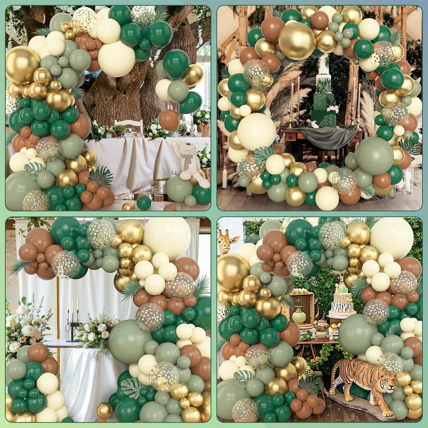 Amandir 153pcs Green Brown Balloon Garland Arch Kit, Different Sizes 18 12 10 5 inch Sage Green Ivory Gold Latex Metallic Confetti Balloon for Safari Jungle Wild One Woodland Tropical Party Decoration