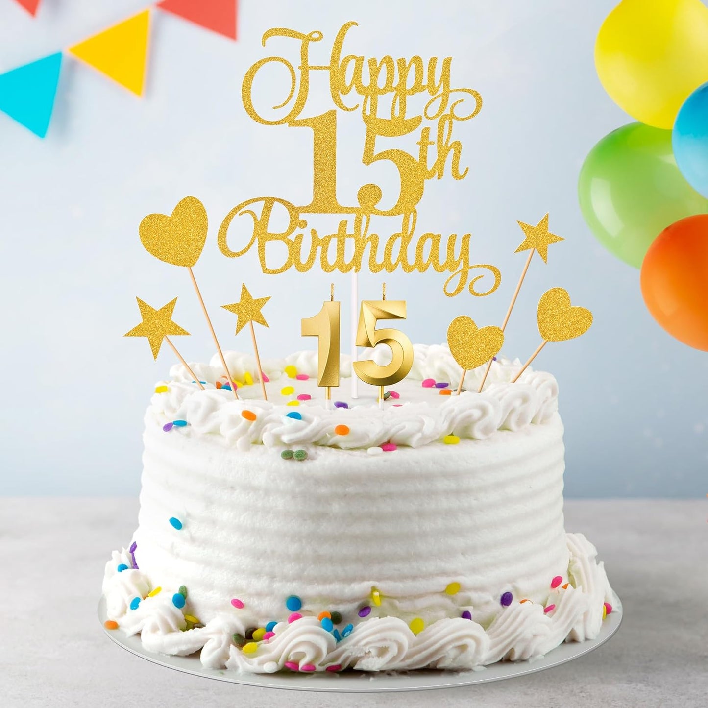 15th Birthday Cake Decorations, 15th Birthday Candles Cake Numeral Candles and Glitter Happy 15th Birthday Cake Toppers Set for Birthday Party Supplies (Gold)