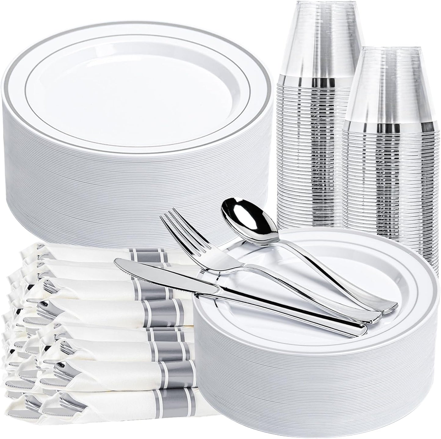 350PCS Silver Plastic Plates Dinnerware Set, Thanksgiving Disposable Plates, 50 Dinner and 50 Dessert Plates, 50 Pre Rolled Napkins with Silverware and 50 Cups for Party and Wedding