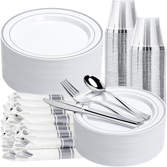 350PCS Silver Plastic Plates Dinnerware Set, Thanksgiving Disposable Plates, 50 Dinner and 50 Dessert Plates, 50 Pre Rolled Napkins with Silverware and 50 Cups for Party and Wedding