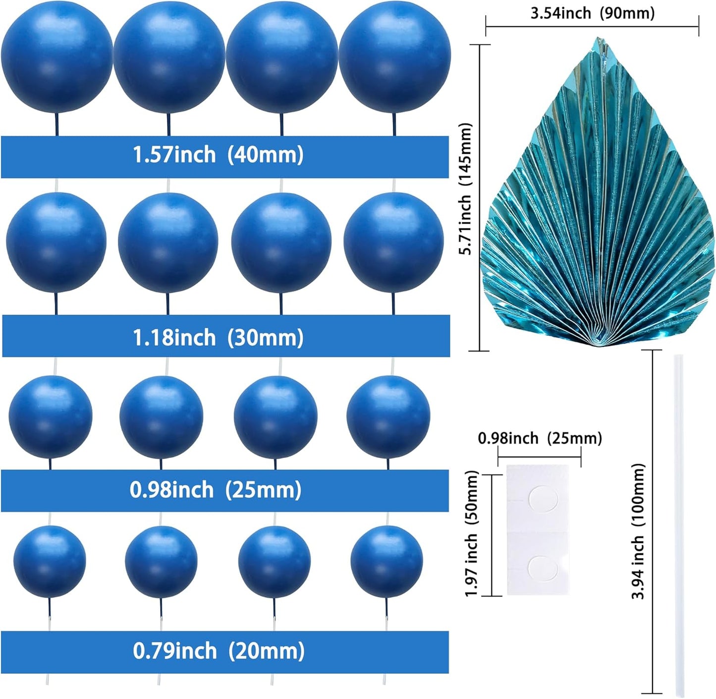Ephlyn 28Pcs Paper Palm Fan Cake Topper Balls Cake Pick for Baby Shower Wedding Bridal Shower Birthday Party DIY Party Cake Decorations Supplies Dark Blue