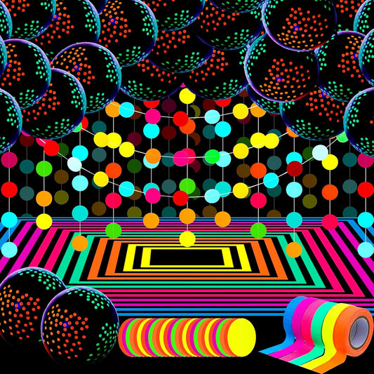 32 Pcs Glow in The Dark Party Supplies Halloween Neon Party Favors with 25 Fluorescent Balloon 6 Rolls 98.4 ft UV Blacklight Luminous Tape 14.4 ft Neon Streamer Garland for Adults(Funny Dot)