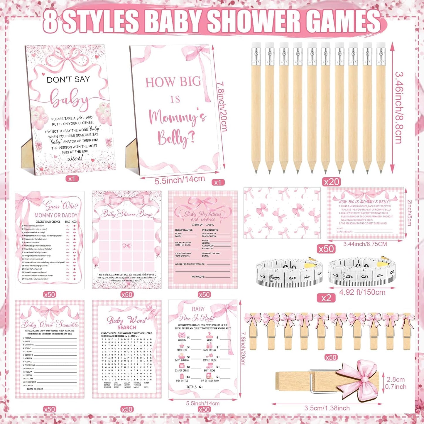 426 Pcs Pink Bow Baby Shower Games Set-8 Games, Includes Baby Shower Bingo, Price is Right, Guess Who, Word Scramble, Prediction and Advice, How Big is Mommy's Belly, Don't Say The Words