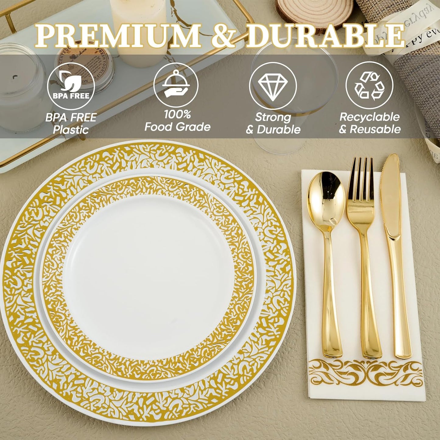 FOCUSLINE 175 Ct Gold Dinnerware Set for 25 Guests, Plastic Plates with Gold Lace Rim Design, Including 25 Disposable Dinner & Dessert Plates, Cups, Napkins, Cutlery Set