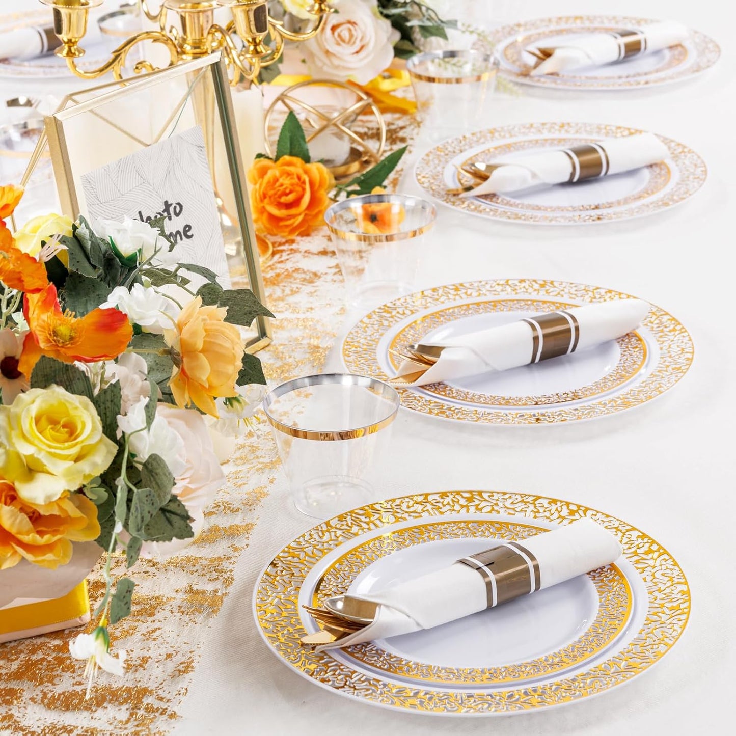 WELLIFE 50 Guests Dinnerware Sets, Gold Plastic Plates，Platos Para Fiestas Elegantes Desechables Include:50 Dinner Plates, 50 Dessert Plate, 150 Pcs Gold Plastic Silverware, 50 Cups for Party
