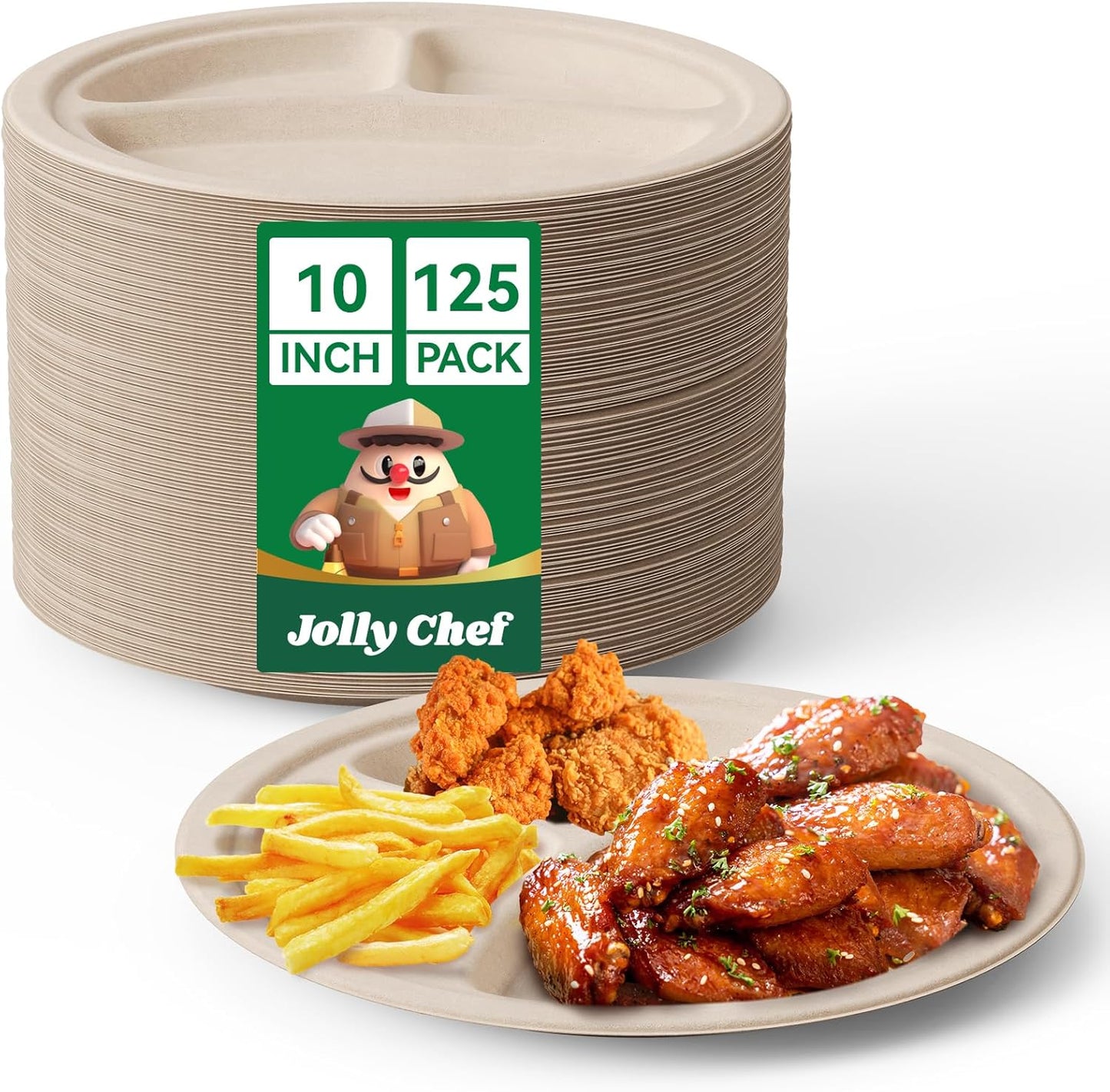 JOLLY CHEF Compostable 𝟯 Compartment Paper Plates 𝟭𝟬 𝗜𝗻𝗰𝗵 [𝟭𝟮𝟱 𝗣𝗮𝗰𝗸] Heavy Duty Divided Disposable Eco-Friendly Bagasse Biodegradable Round Trays for Party Dinner Thanksgiving Day(Brown)